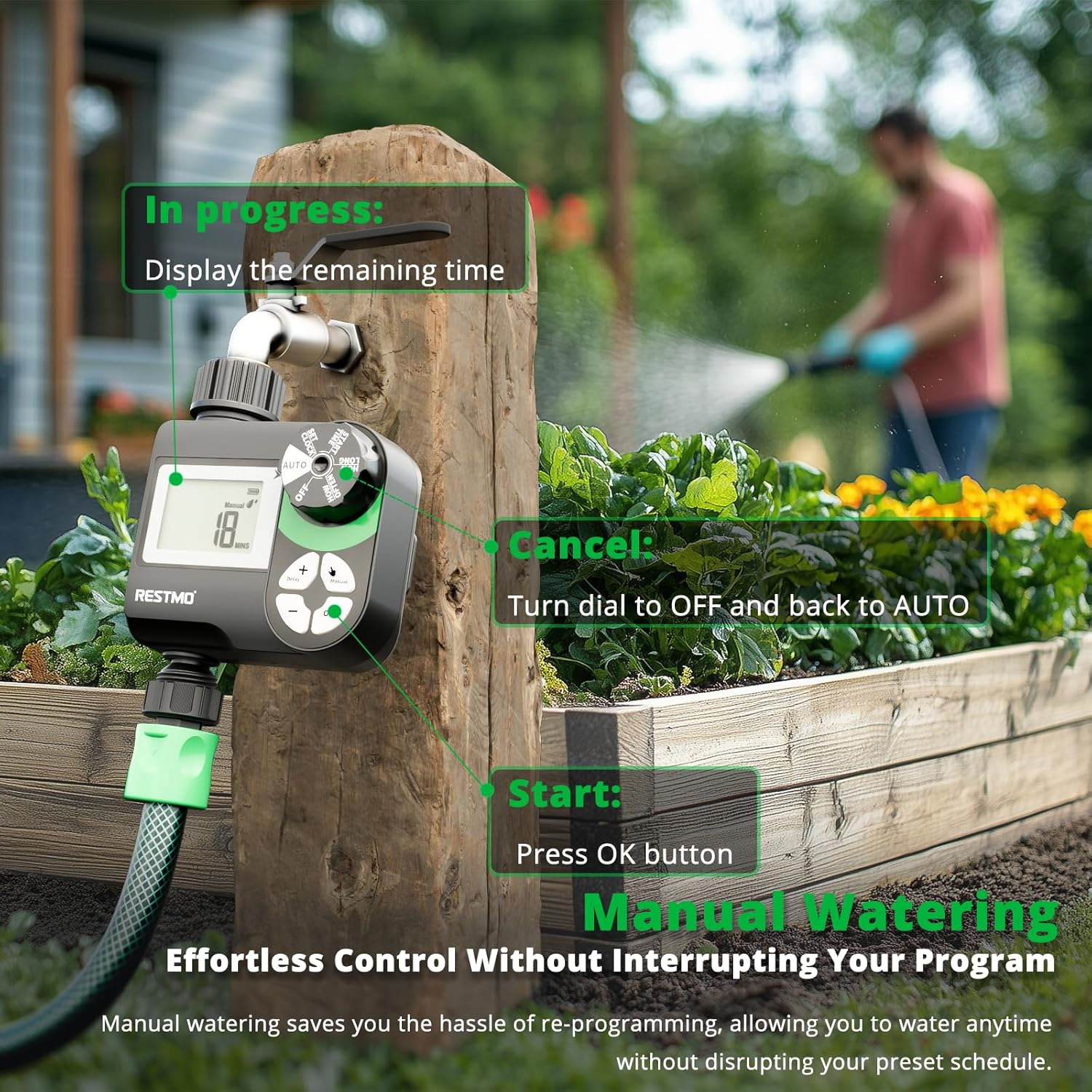 RESTMO Tap Timer, Irrigation Hose Timer with Rain Delay/Manual/Automatic Watering System, Water Timer for Outdoor Faucet, Garden Sprinkler, Yard and Lawn