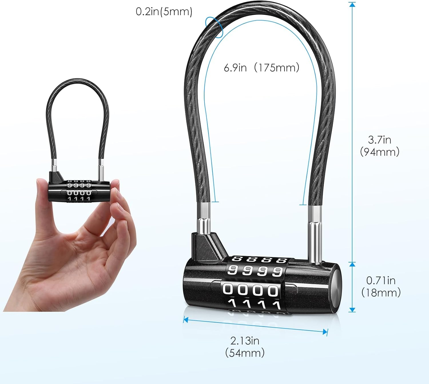 AMIR 4 Digit Combination Padlock, 6.9 Inch Long Shackle Padlock with Steel Cable Rope, Waterproof Cable Lock with Resettable Code, Outdoor Long Padlock for Gym Locker, Hasp Cabinet-2Pcs image number 4