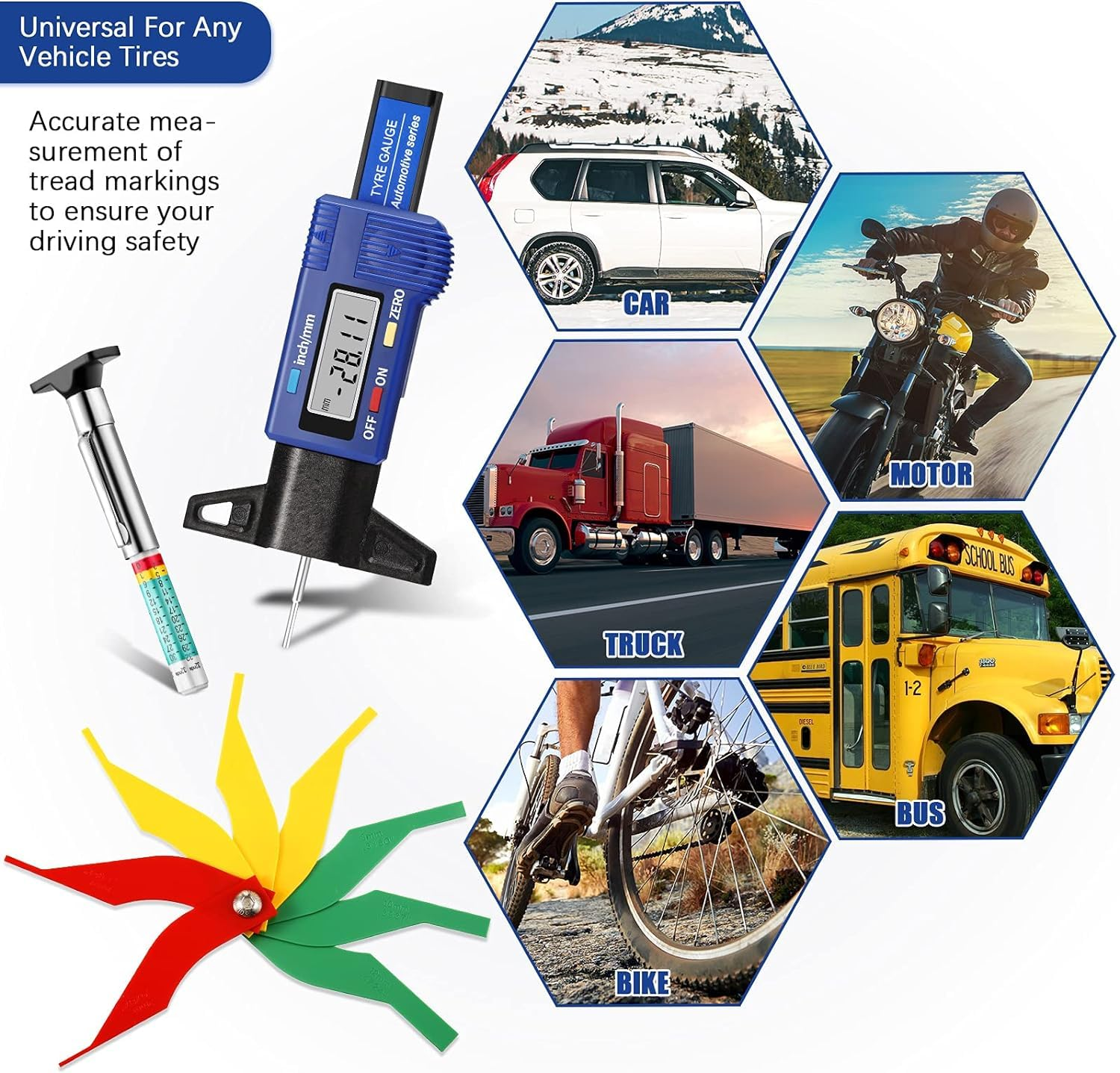 Car Tire Tread Depth Gauge Brake Pad Measuring Tool Tread Depth Tool,Tire Wear Gauge Digital Measurement Pad Suitable for Cars Motorcycles Trucks