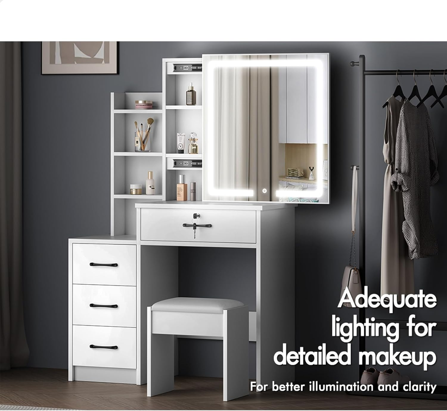 ALFORDSON 4-Drawer Vanity Set, Lockable Drawer & Sliding Mirror, Bedroom Vanity Table, 80X36X131.5Cm, White - 3 Color Lights, Hidden Storage Stool image number 2
