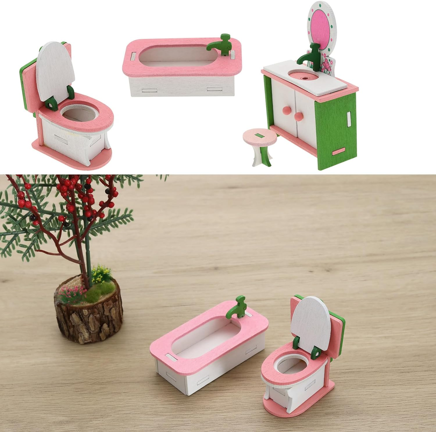 Emsea 4Pcs Wooden Dolls Furniture Miniature Dollhouse Wooden Furniture Dolls House Decoration Dollhouse Play for Girls Dollhouse image number 6