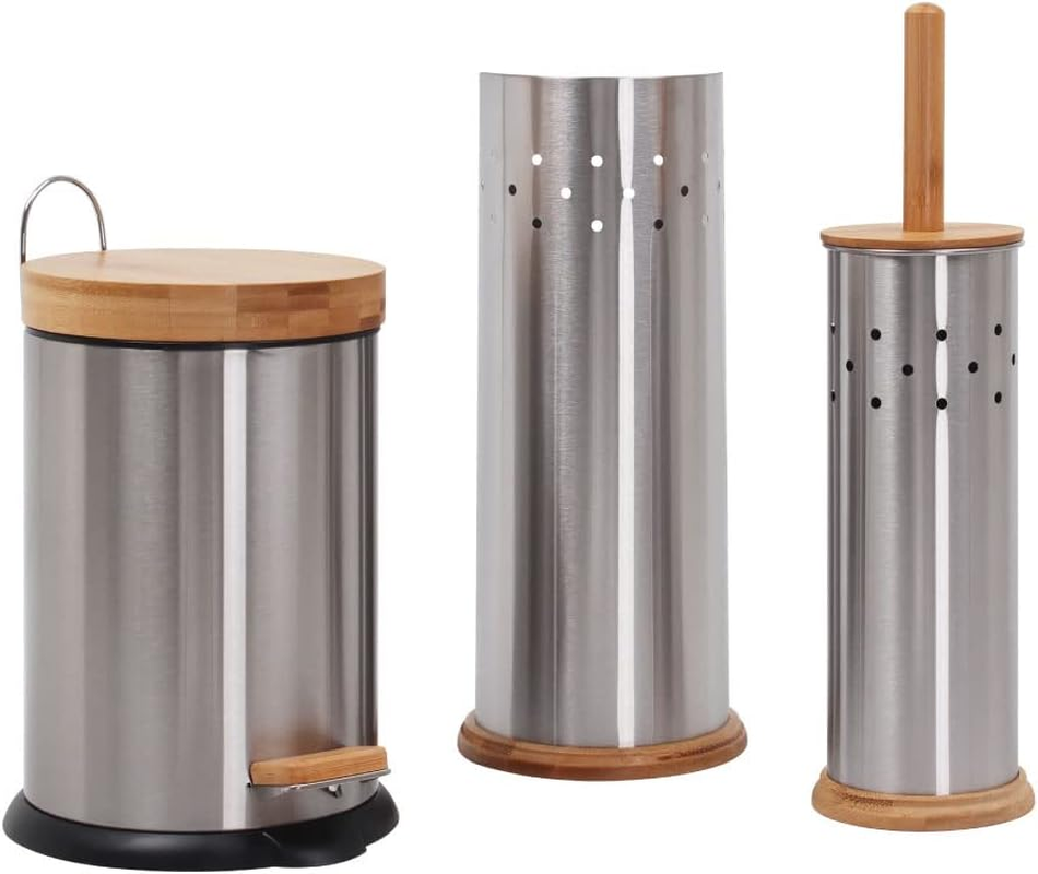 White Magic Eco Basics 3-In-1 Bathroom Set &ndash; Bamboo & Recycled Plastic &ndash; Rust-Resistant Chrome &ndash; Includes Toilet Brush, Roll Holder & 3L Bin &ndash; Practical & Stylish &ndash; White