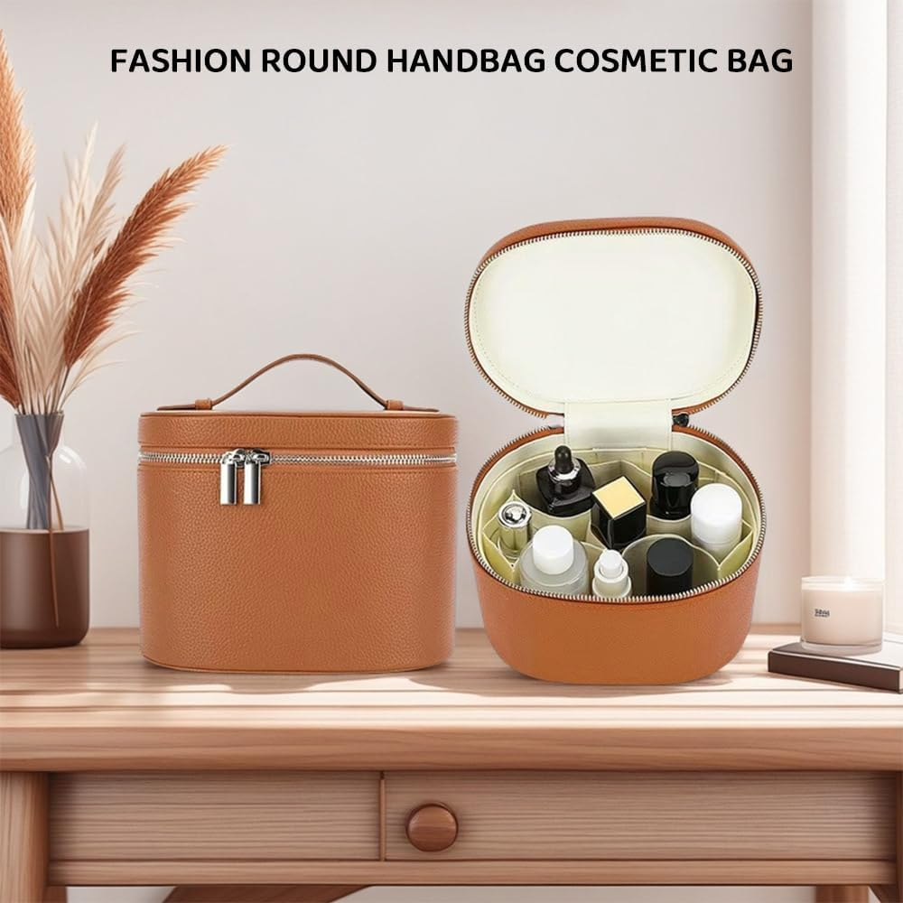 Makeup Bag with Handle &ndash; Travel Cosmetic Organizer Case with Compartments, Portable Toiletry Bag for Women, Compact Makeup Storage Pouch (Brown) image number 4