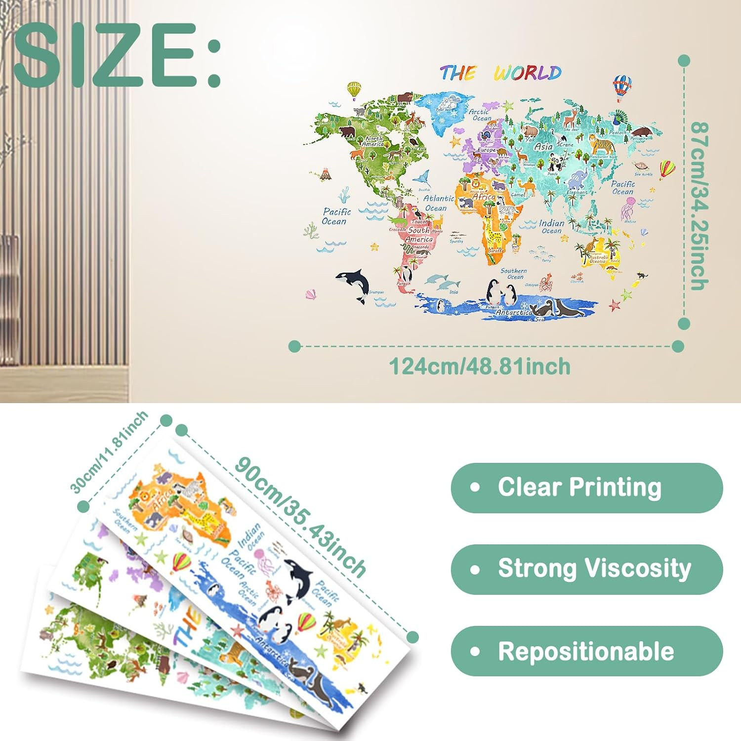 Hianjoo Animal World Map Wall Sitckers, Colorful Educational World Map Learning Wall Decals for Girls Nursery Bedroom Living Room Classroom image number 1