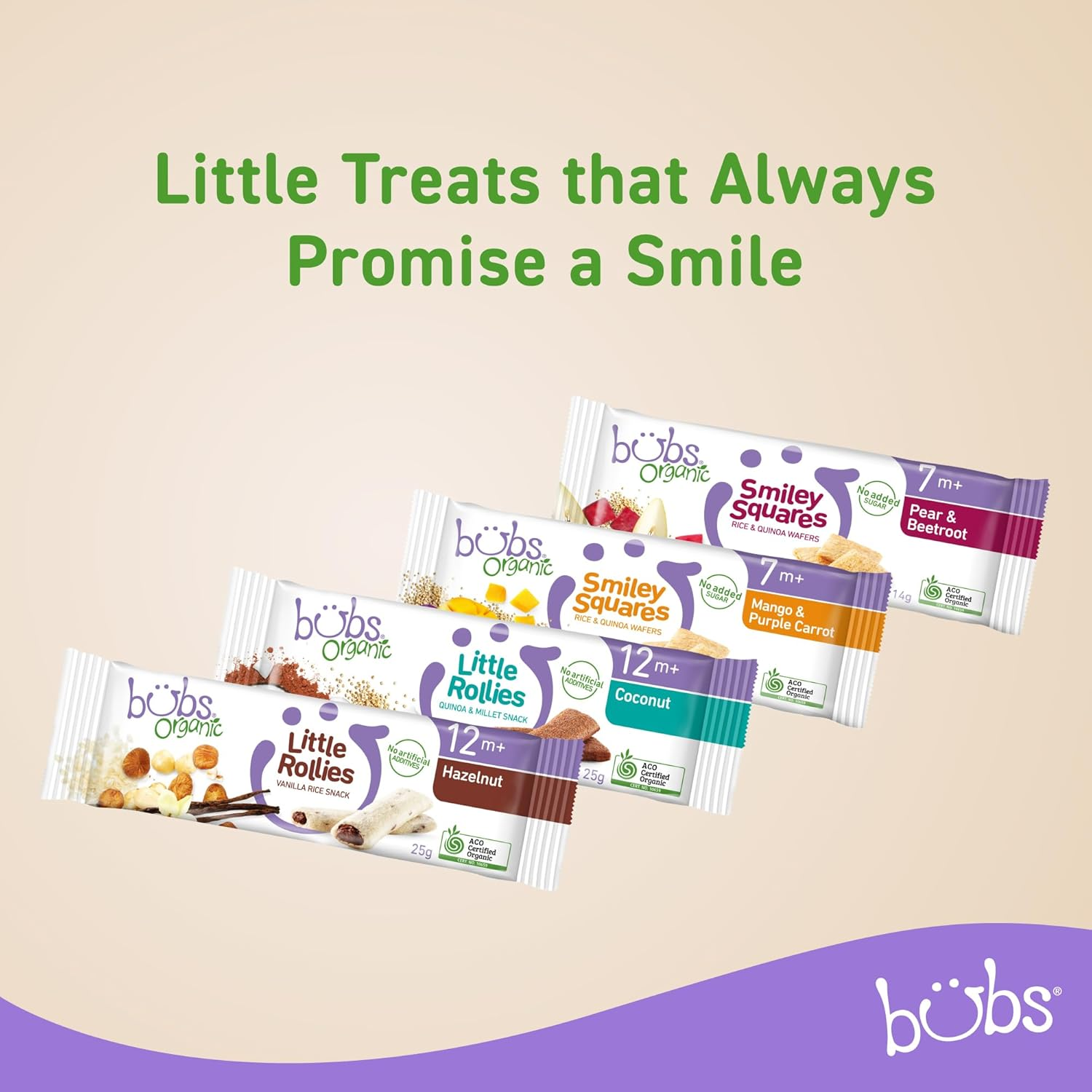 Bubs Organic Pear & Beetroot Smiley Squares, Rice & Quinoa Baby Snacks, for Babies 7+ Months, 14G (Pack of 3)