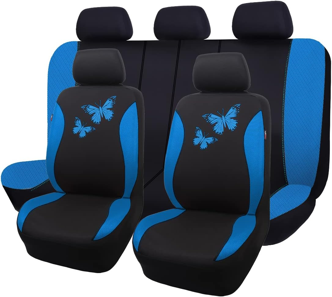 Flying Banner Butterfly Car Seat Covers Full Set Fashion Universal Lady Woman Female Rear Bench Split Colorized (Full Set, Mint Blue)