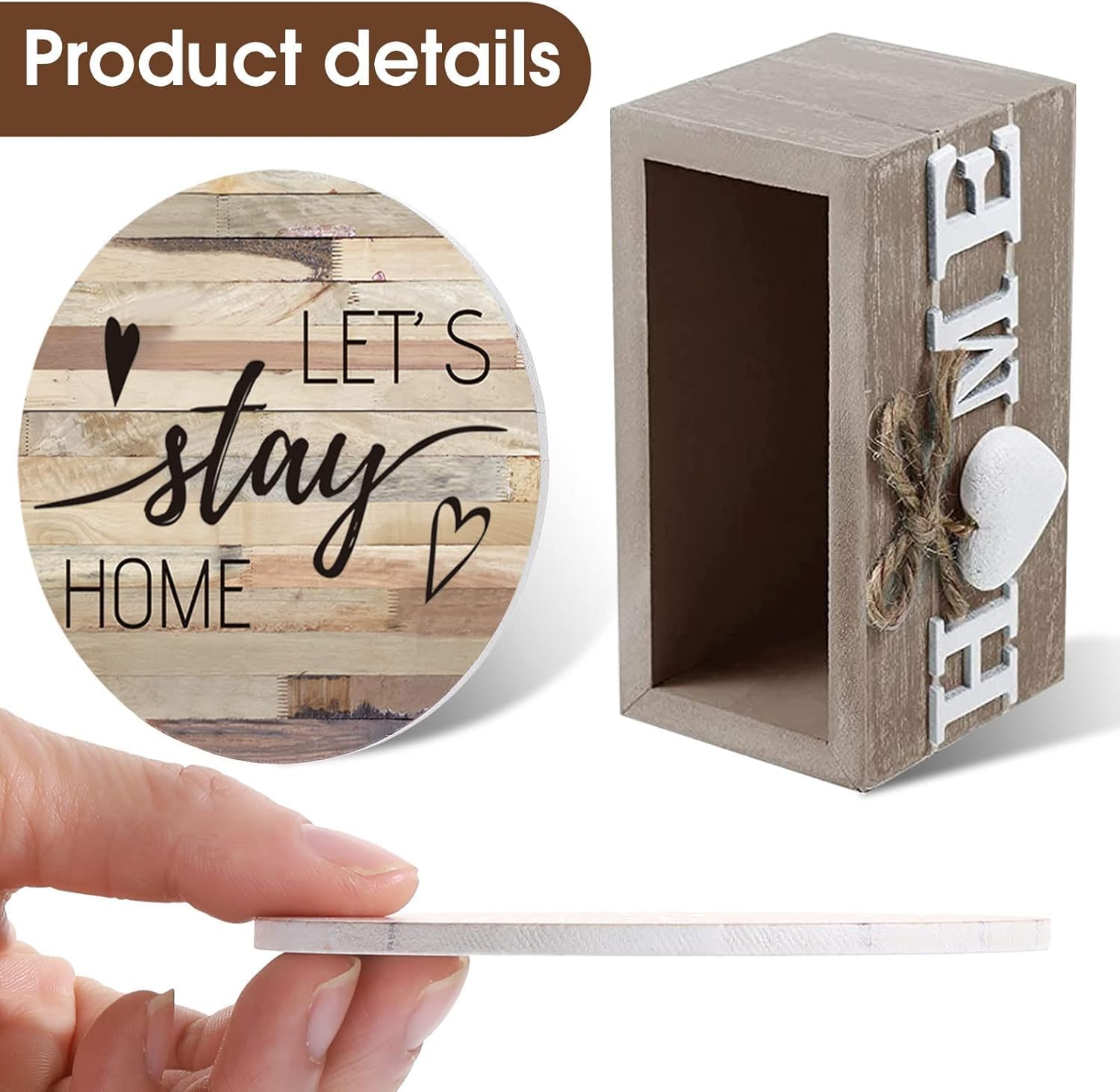 Wood Coasters with Holder,Wooden Coasters for Glasses Drinkings Coffee Table Desk round with Non-Slip Pad Cup Coasters for Home Office Christmas Decor 10 CM (6-Pack Farm House) - 6-Pack Farmhouse image number 5