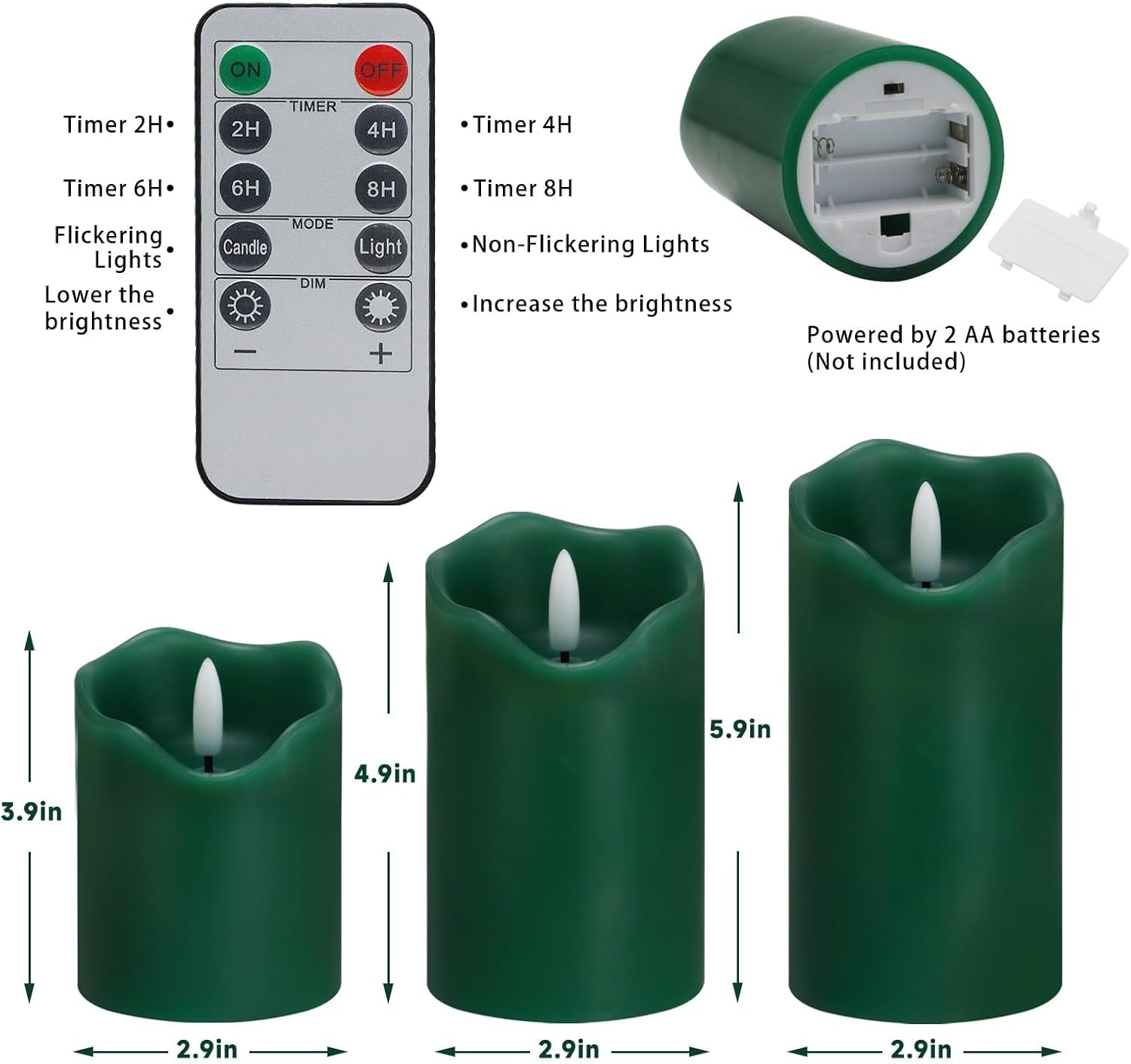 Flameless Candles Lights, Set of 3 Orange Flickering LED Candles with Remote & Timer, Dimmable LED Pillar Candles Battery Operated, Electric Candles for Fall Halloween Thanksgiving Decor (Green) image number 2
