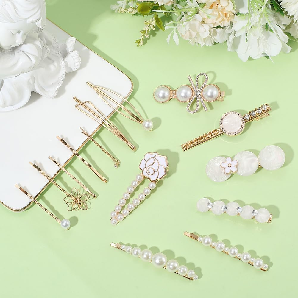 SOFPLATE 22Pcs 4 Styles White Pearl Hair Barrette Bobby Pin Hair Clips Elegant Alloy Gold Flower Leaf Triangle Decorative Headwear Accessories Kit for Long Short Wedding Party Hairstyle DIY Decoration