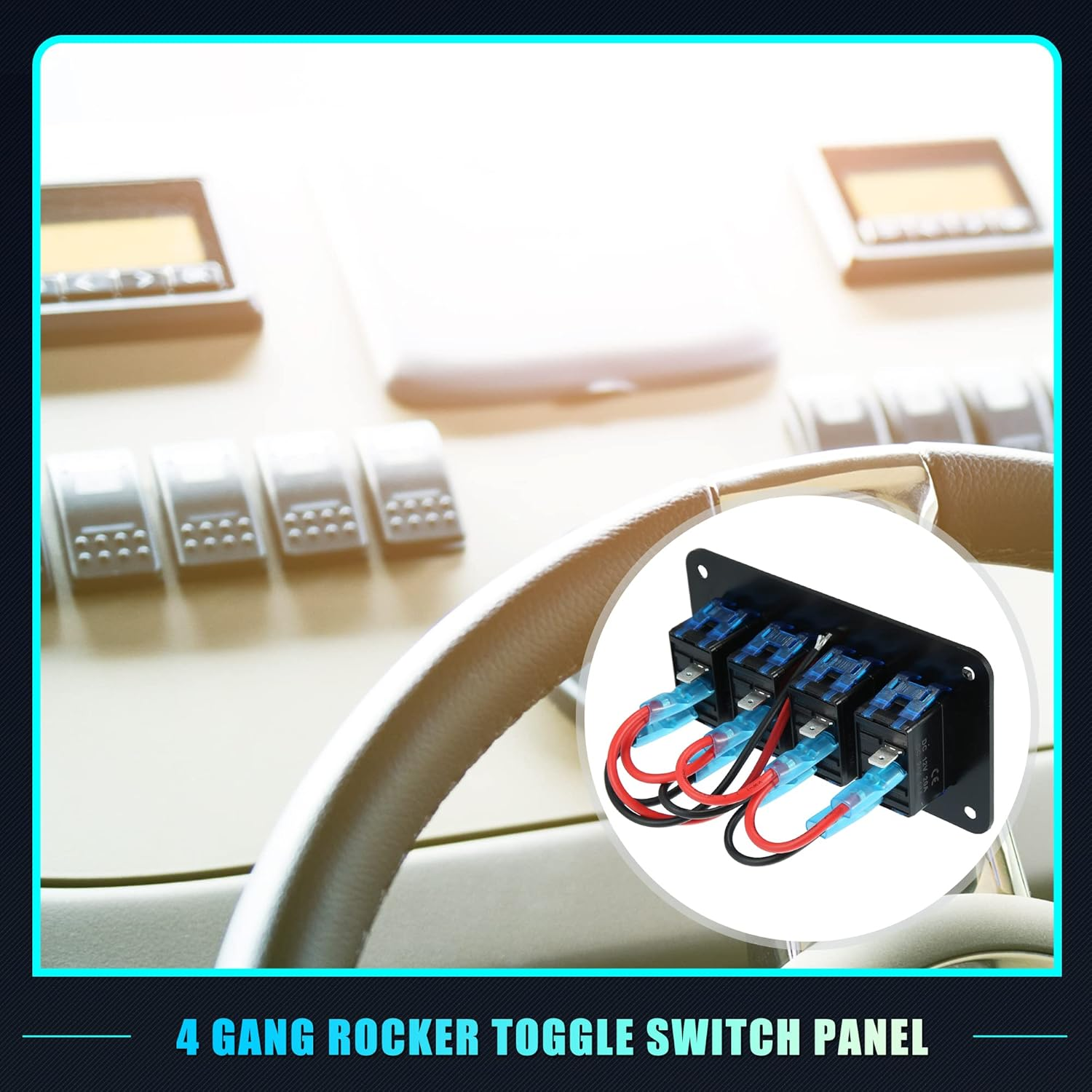 X AUTOHAUX 4 Gang Rocker Switch Panel 3 Pin on off Pre-Wired Toggle Switch Control Waterproof Aluminum Alloy Blue LED Light Push Button for 12V 24V Black image number 4