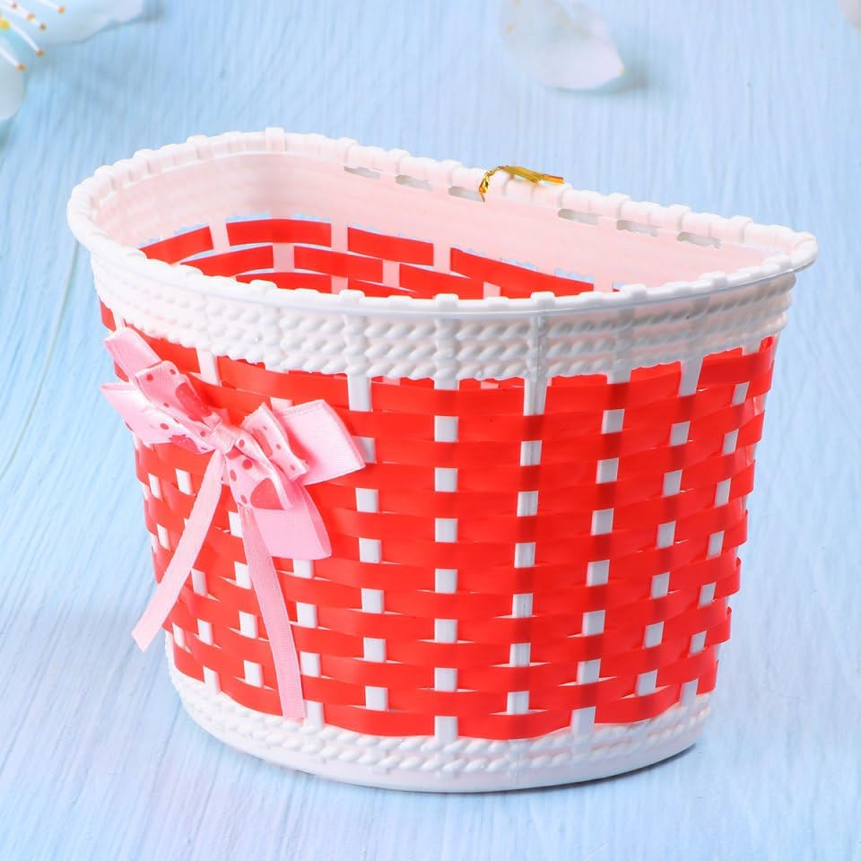 Small Red Scooter Basket with Bow Knot and Random Color Bell | Handmade Plastic Handlebar Basket for Kids Bikes and Scooters image number 4