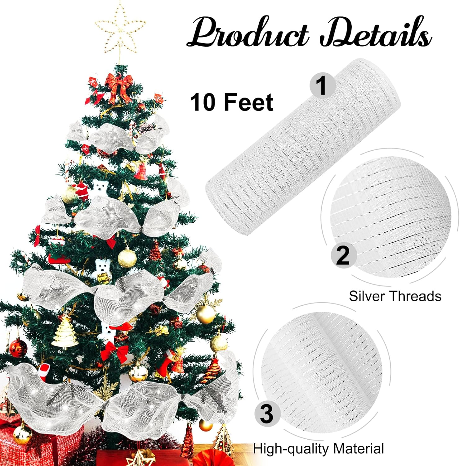 Christmas Tree Ribbon, Christmas Mesh Ribbon Wired Ribbon Christmas Ribbon for Christmas Tree Gift Craft Ornaments Decoration (26Cm&times;10Feet) (White) image number 4