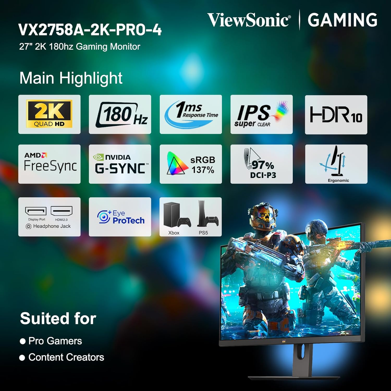 Viewsonic VX2758A-2K-PRO-4 27 Inch Gaming Monitor, QHD 2560X1440P, IPS, 180Hz 1Ms, AMD Freesync and NVIDIA G-Sync Compatible, HDMI & Displayport, Height/Tilt/Swivel/Pivot Ergonomic image number 3