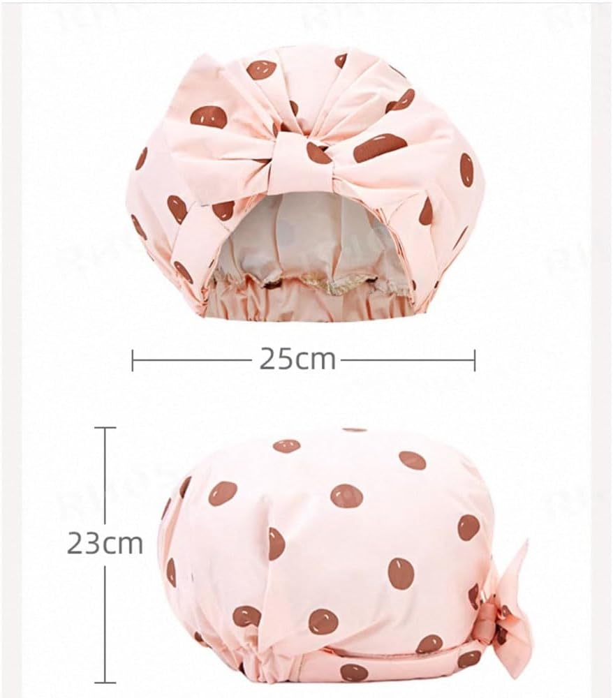 YHIXYUNAZ Luxury Waterproof Shower Cap &ndash; Extra Large Reusable Bath Cap for Women, Non-Slip Soft Elastic Band, Travel-Friendly Hair Protector (Leaf) - Pink Dot image number 5