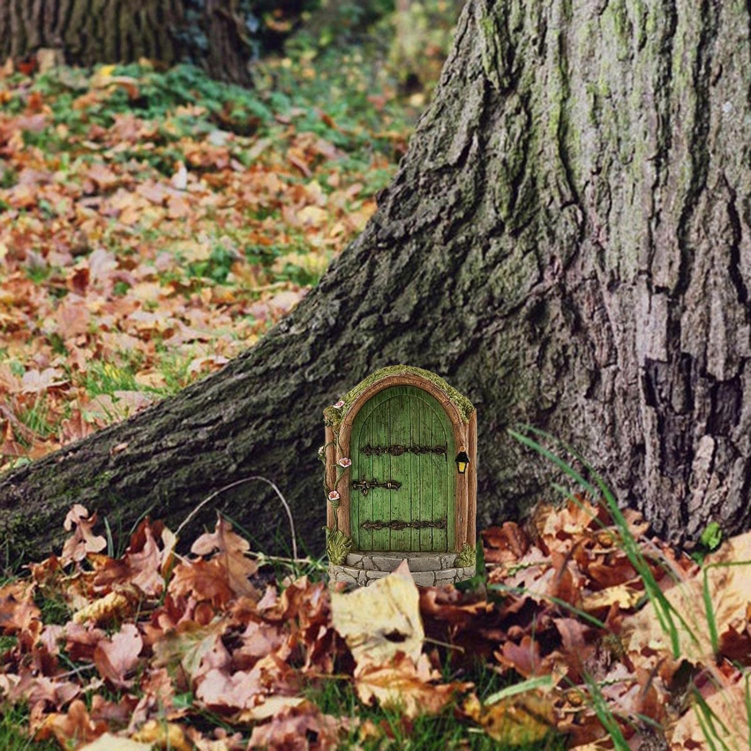 Green Fairy Door Wooden Miniature Fairy Garden Doors Outdoor Mini Fairy Gnome House Accessories for Tree Trunk Ornaments Garden Miniatures,Garden Sculptures and Statues，Outdoor Statues image number 1