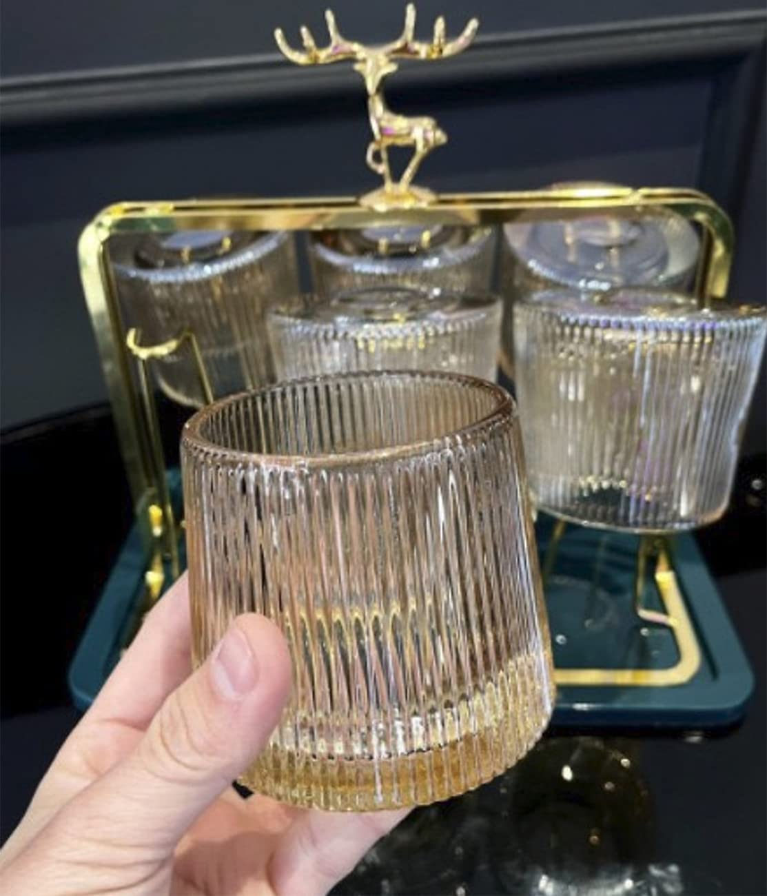 Glass Cup Drying Rack with Drain Tray，Elk Relief Design Coffee Cup Holder Wine Glass Drying Rack，Bottle Drying Stand with 6 Hooks Mugs Cups Organizer