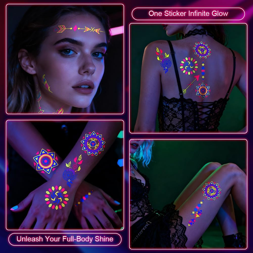 LOPHE Neon Tattoos, 24 Sheets Neon Face Tattoo for Sticking, Waterproof Glitter Tattoo, Black Light Make-Up under UV, Neon Party Accessories, Halloween, Carnival, Festival