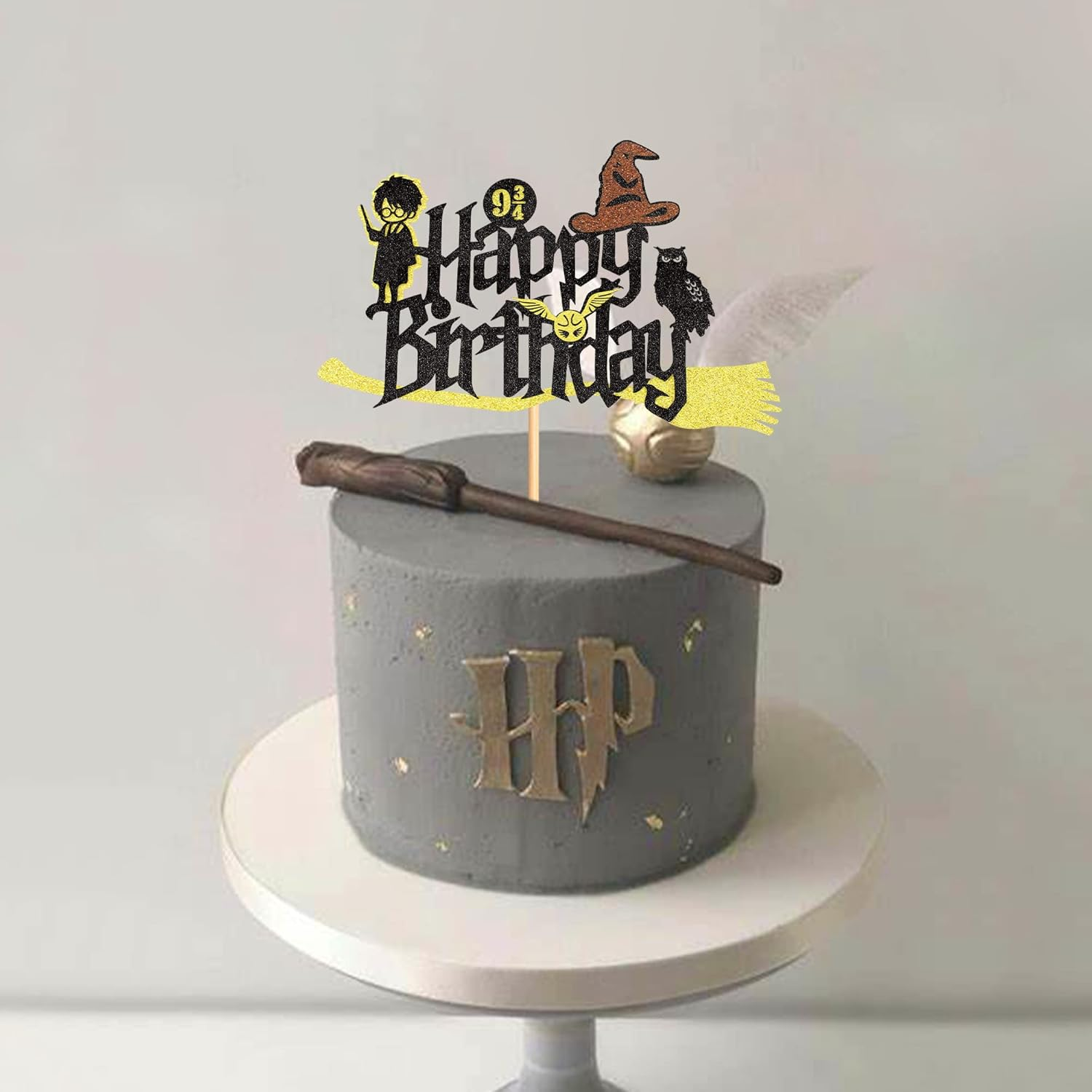 1Pc Glitter Black Magical Wizard Inspired Cake Topper Happy Birthday Cake Topper Pick for Magic Theme Party Supplies
