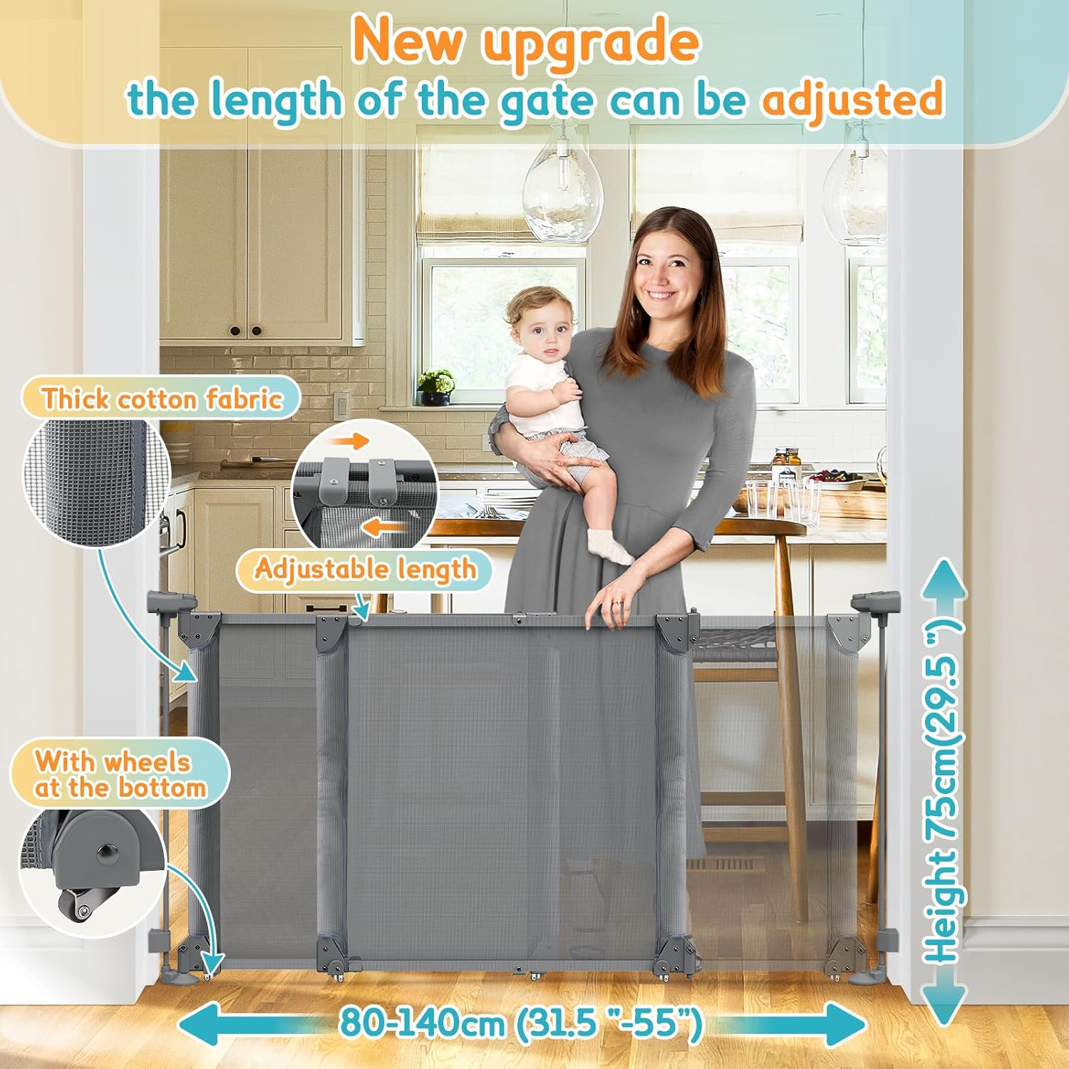 Foldable Baby Gate, Adjustable Baby Gates for Doorways, Dog Gate Adjustable Width 80 to 140Cm, 75Cm Tall Pet Gate One Handed Operation, Mesh Safety Gate for Stairs/Hallways/Outdoor/Indoor image number 1