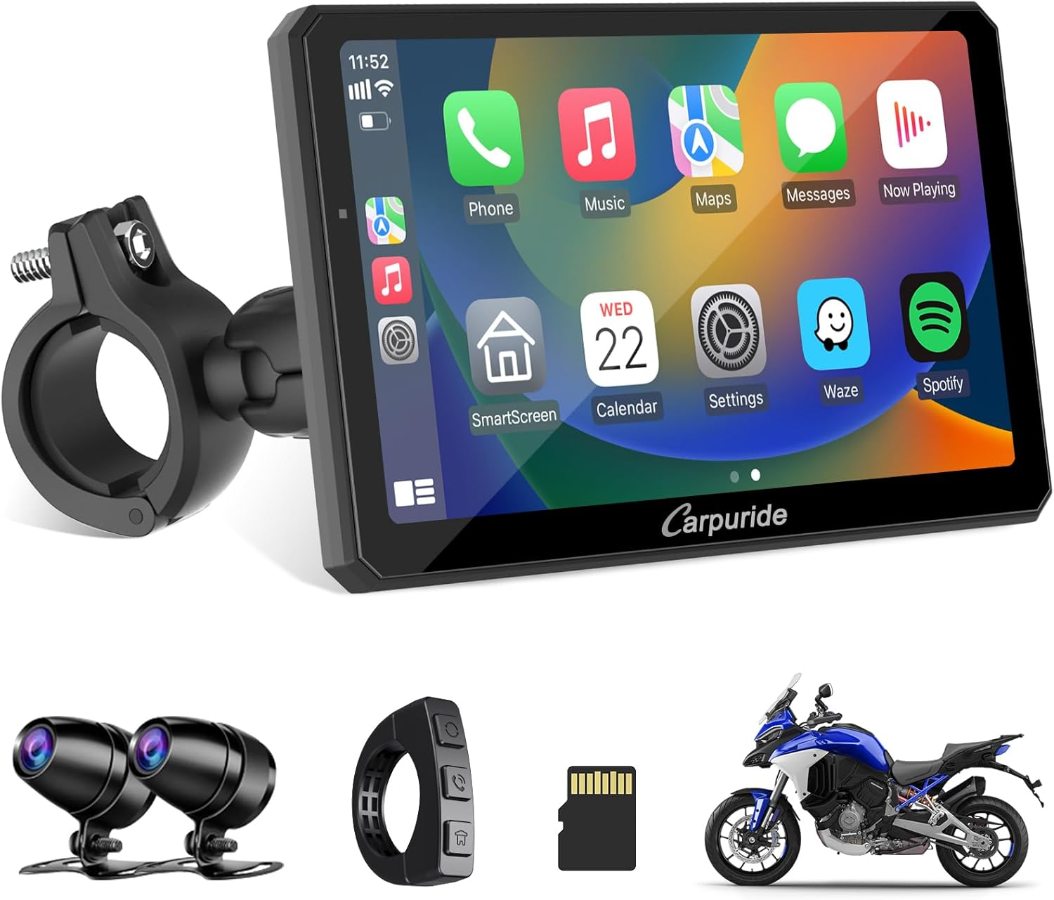 Carpuride W712D Motorcycle Carplay Screen with HD 1080P Dual Dash Cam, Wireless Car Play and Android Auto, 7" Waterproof Rotatable Navigation Touchscreen, Loop Recording, Bluetooth, Wired Controller