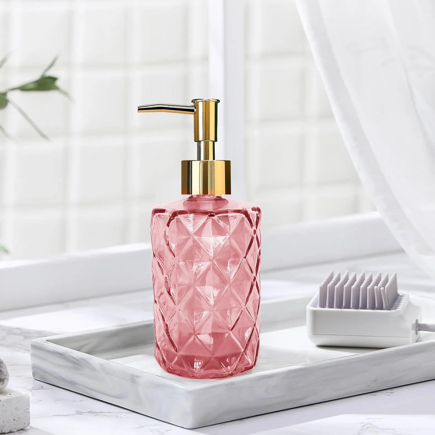 Glass Soap Dispenser with Pump, Soap Dispenser, Lotion Dispenser for Dishwashing Liquid, Lotion Shower Gel (Pink) - Blue image number 3