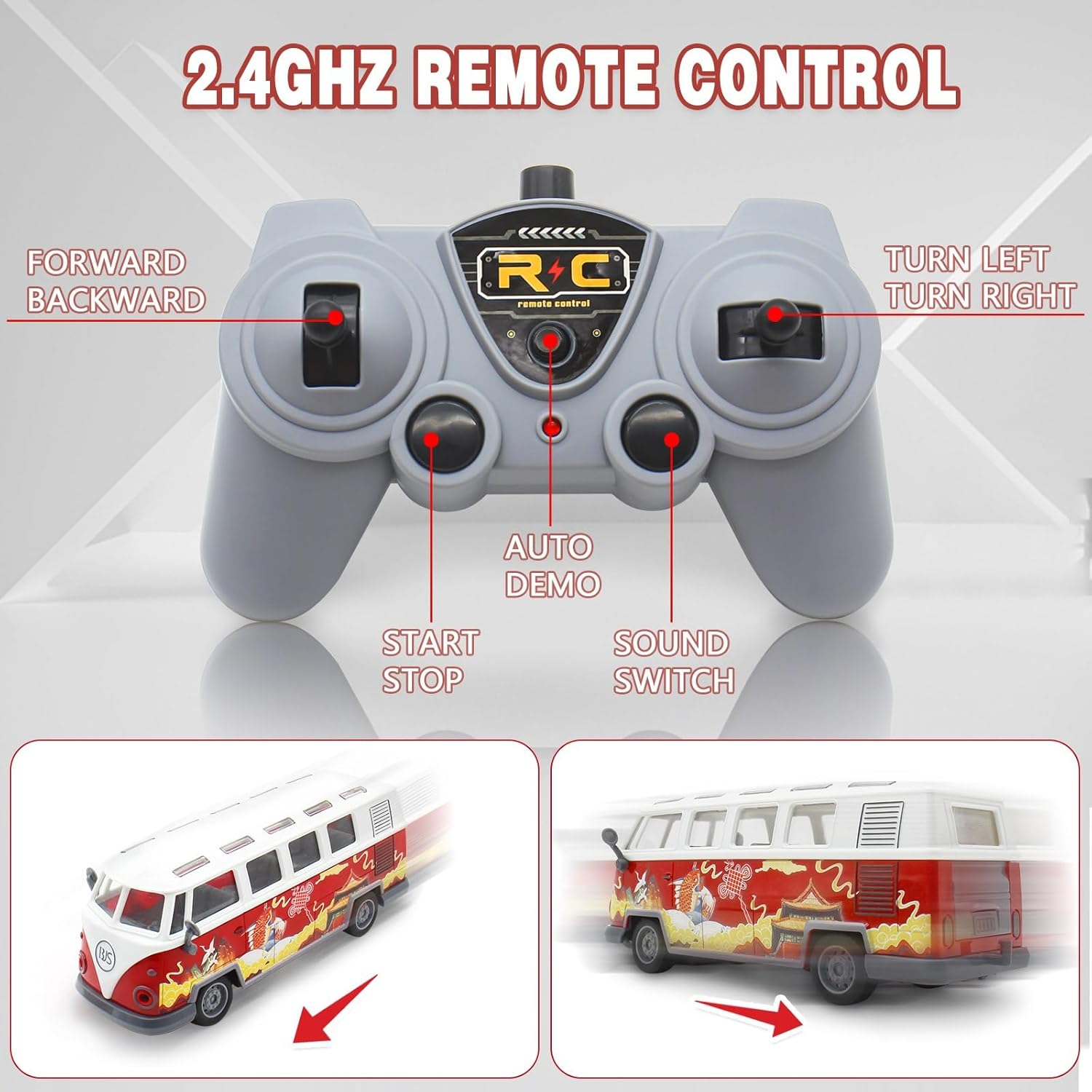 Spobot Remote Control Bus 2.4G Remote Control 1962 Volkswagen Classic Bus with Decals Retro Truck Model with Lights Sound Electric Vehicle Playsets Cars for Kids Toy image number 6