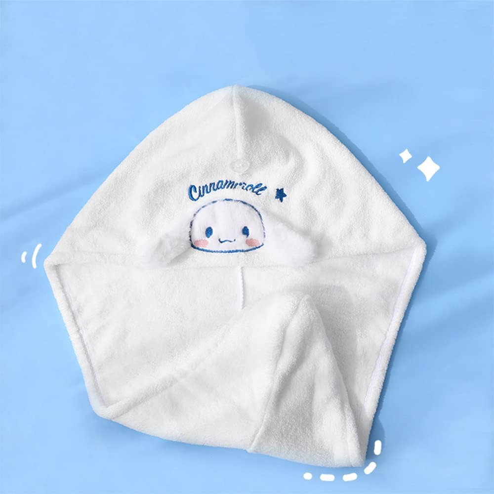 Kawaii Microfiber Hair Towel for Women, Super Absorbent Hair Shower Cap for Long Hair, Quick Dry Towel Wrap with Botton of Cute Hairbands for Women Girls Bath Accessories(White)