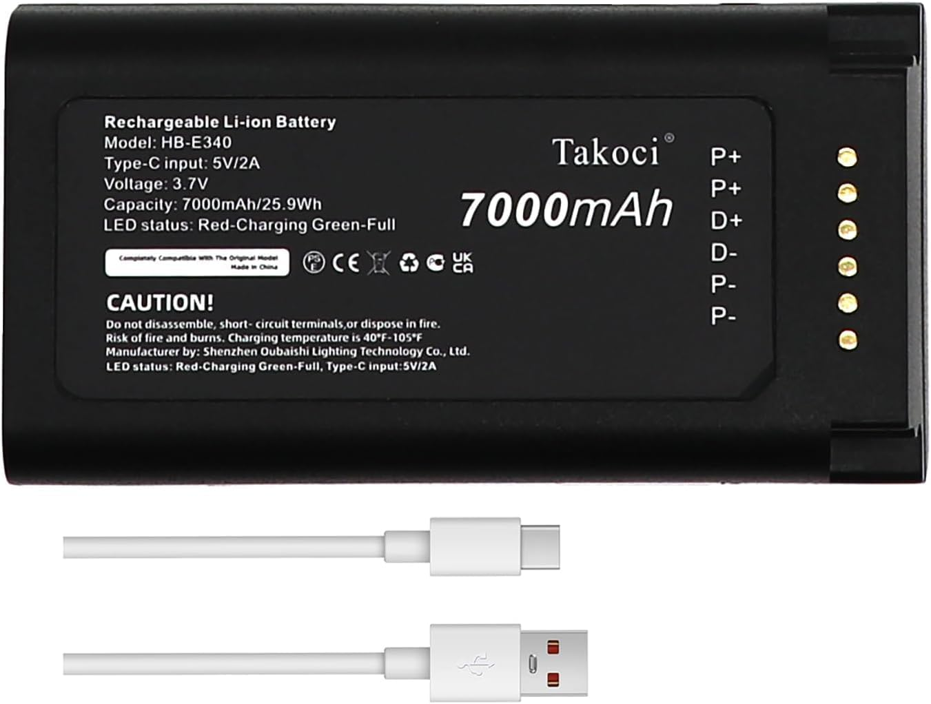 TAKOCI E340 Battery Replacement Compatible with Eu/Fy Security Video Doorbell E340/C31 Dual Camera Video Doorbell E340/C31 Spare with Type-C Charger Cable 7000Mah/3.7V