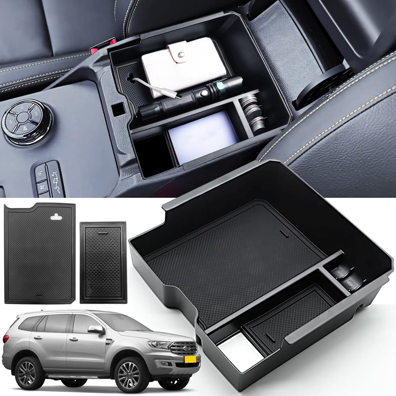 Center Console Organizer Tray for 2024 Ford Ranger Interior Armrest Storage Box Insert Holder Secondary Storage Tray Accessories for Ranger & Raptor & Wildtrak 2024 (Electric Handbrake Version) image number 1