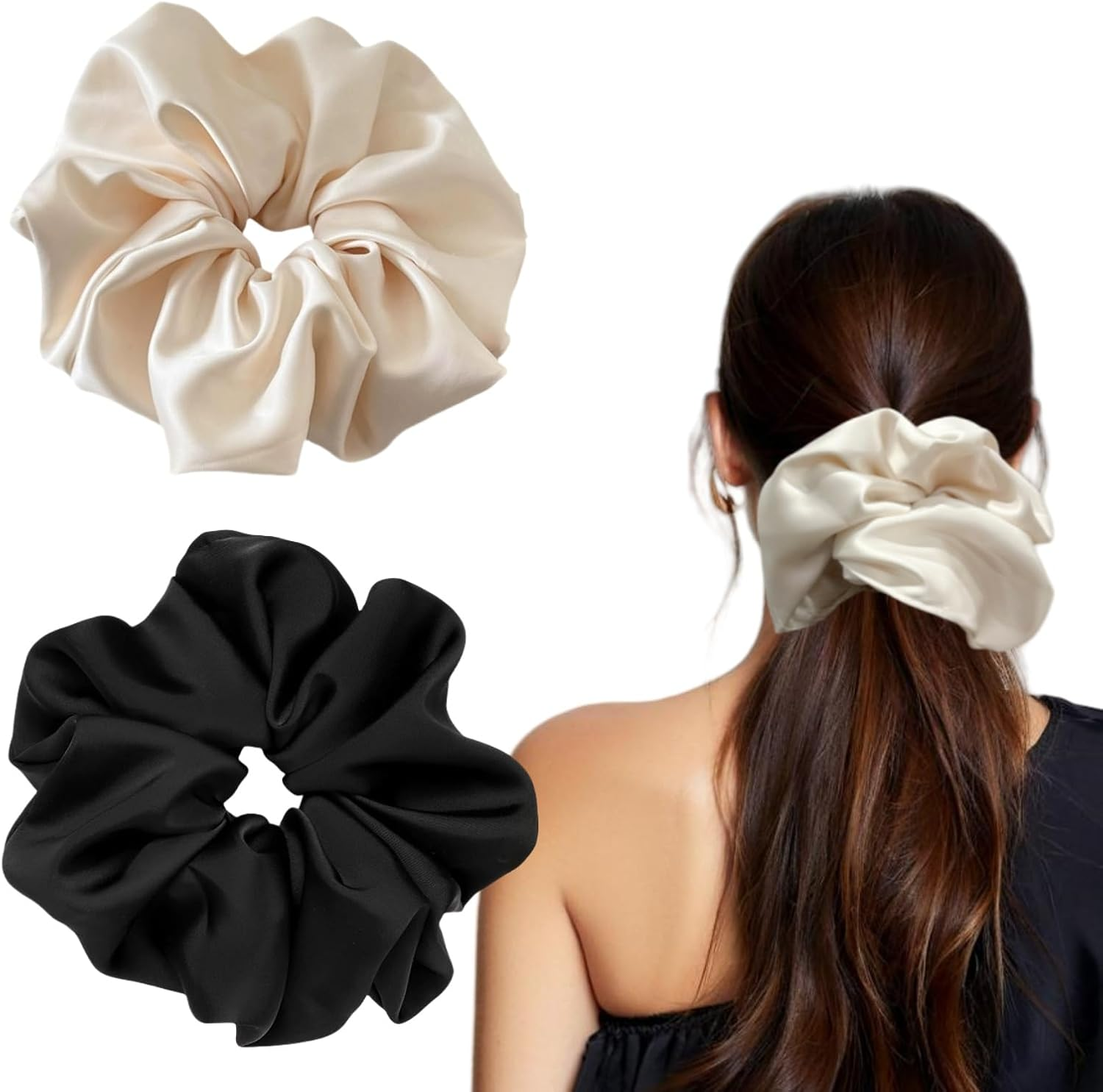 2 Pieces Jumbo Satin Silk Scrunchies for Women 7.5 Inches Large Oversize Scrunchies for Thick Hair Ties Hair Ornament (Black and Beige)