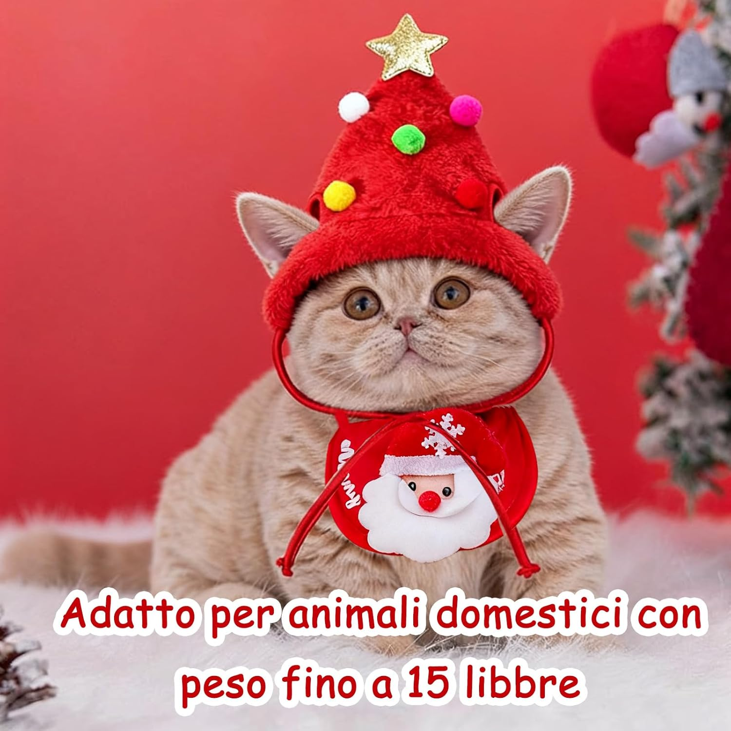 KASESSS Cat Christmas Hat, Christmas Tree Hat for Dogs & Cats, Adorable Cat Christmas Outfit Pom-Pom Hat with Scarf Bib Matching, Pet Xmas Costume, Pet Xmas Tree Costume for Puppy Kitten (Red) image number 5