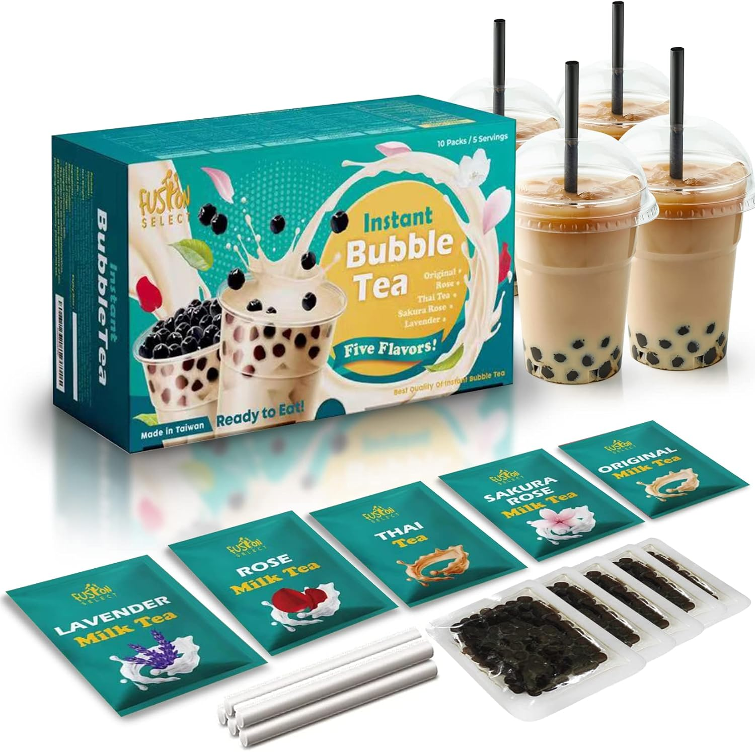 Fusion Select 5 Packs Authentic Tea Flavors Sakura, Lavender, Rose, Thai Tea, Original Milk Tea Boba Tea Kit Extra Rich Flavor Bubble Tea Drinks, Boba Tapioca Pearl, Boba Straws, Complete Boba Kit image number 4