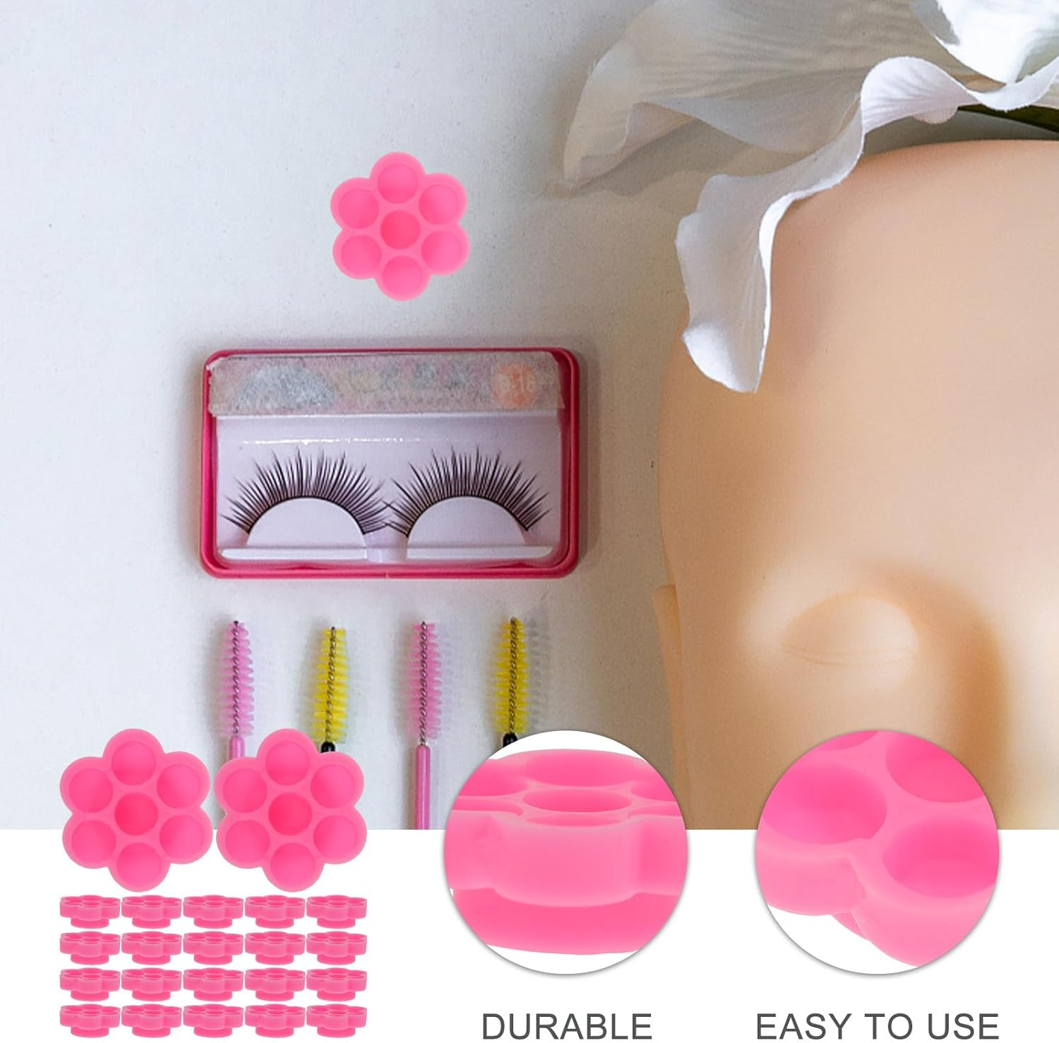 MALUGOGO 200Pcs Eyelash Extension Glue Cups Flower Shape Adhesive Liquid Container Holder Nail Polish Mixing Tool for Beginners False Lash Application image number 5