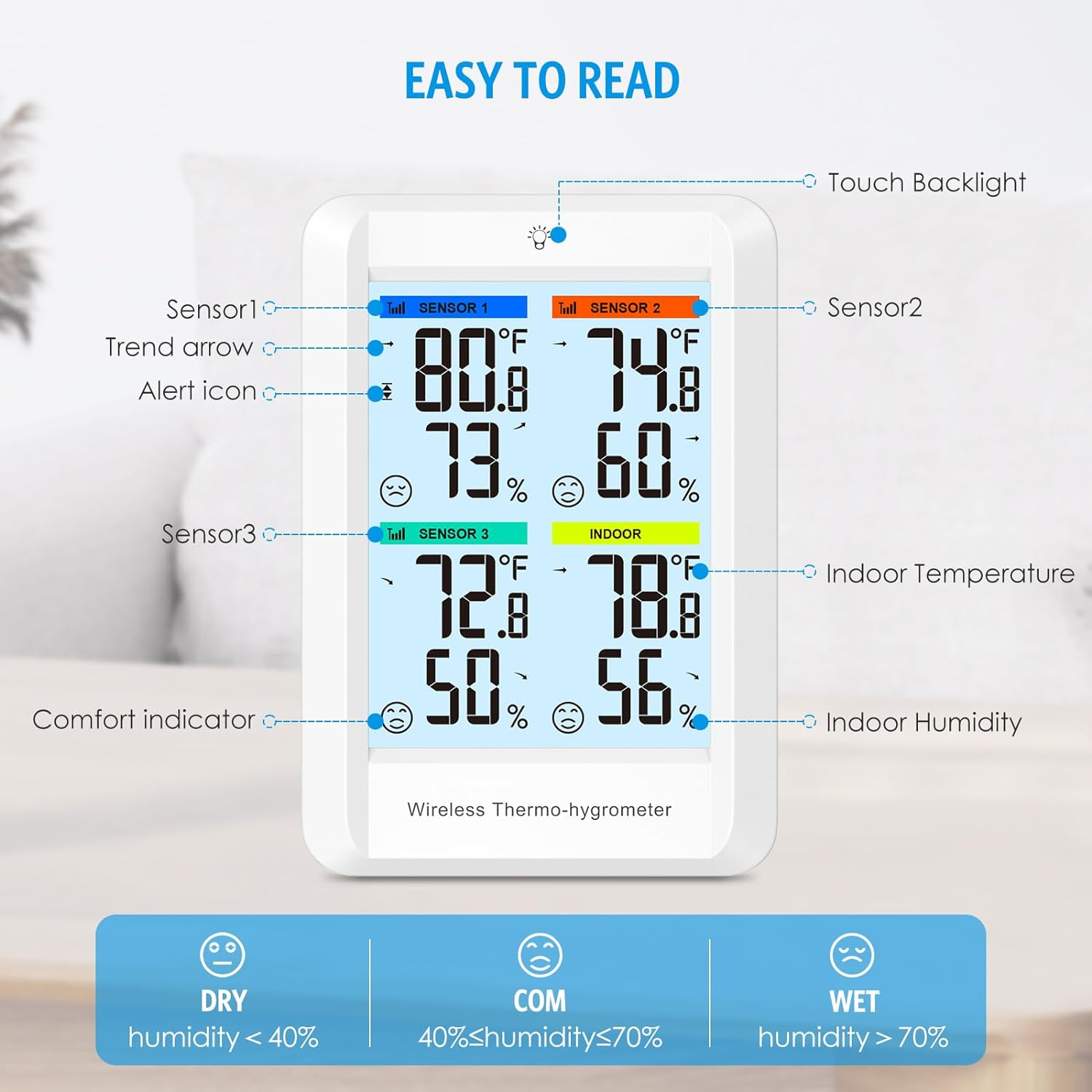 AMIR Indoor Outdoor Thermometer Hygrometer Weather Stations, Digital Hygrometer Wireless Indoor Thermometer with Backlight, Temperature Humidity Monitor Gauge with 3 Remote Sensors, 328Ft Range image number 2
