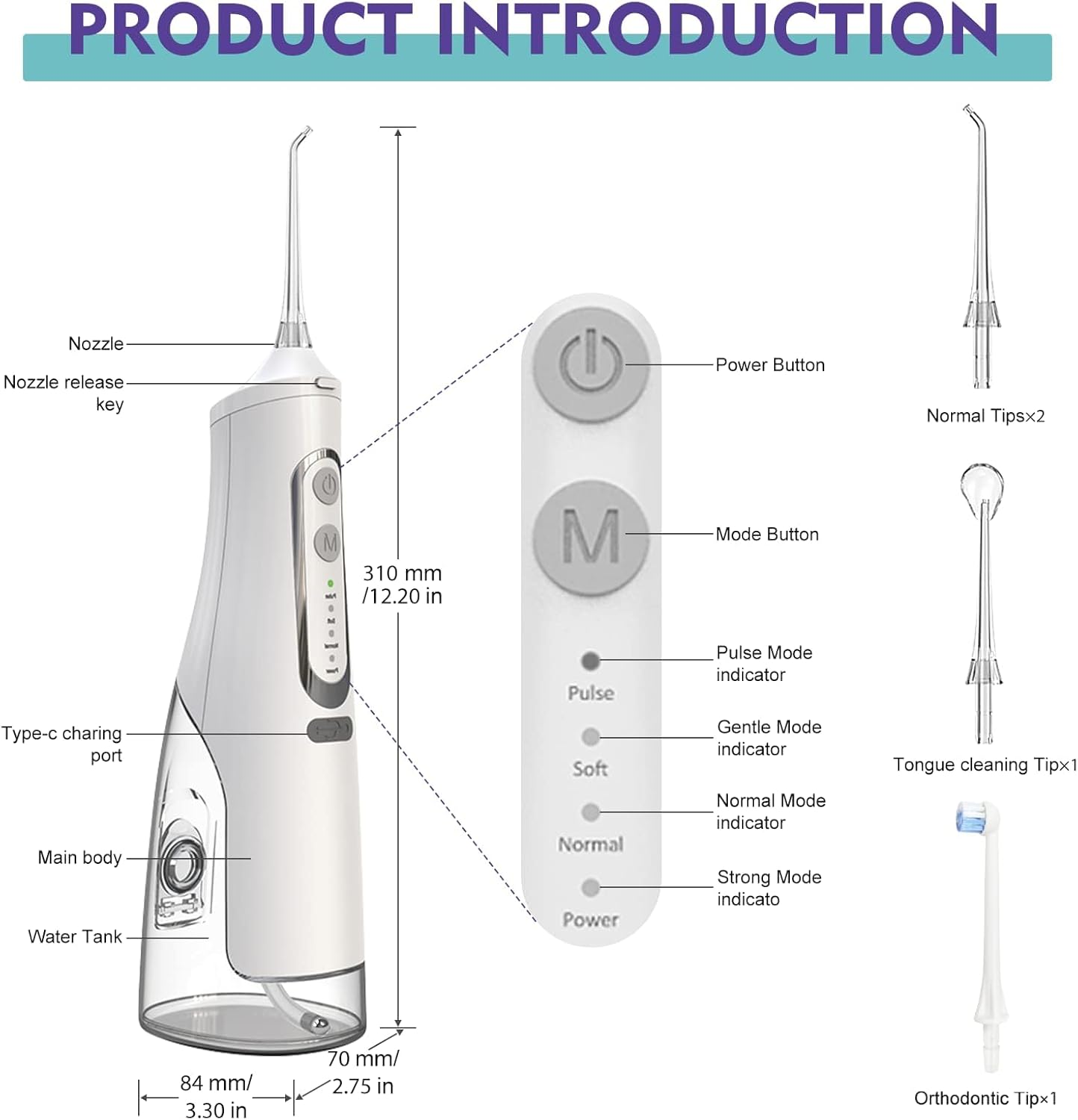 Water Dental Flosser Professional Irrigator for Dental & Oral Care with 8 Tips 4 Modes 310Ml Large Capacity IPX7 Waterproof Rechargeable and Portable Cordless Deep Clean Teeth for Home &Travel (White)