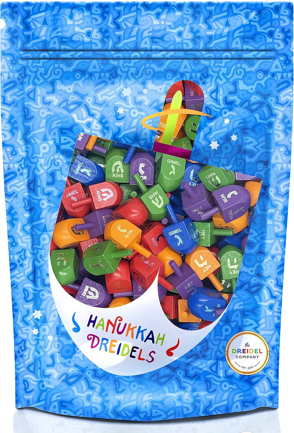 The Dreidel Company Wood Multi-Colored Dreidels Medium Sized Hanukkah Draydels with English Transliteration (10-Pack) image number 2