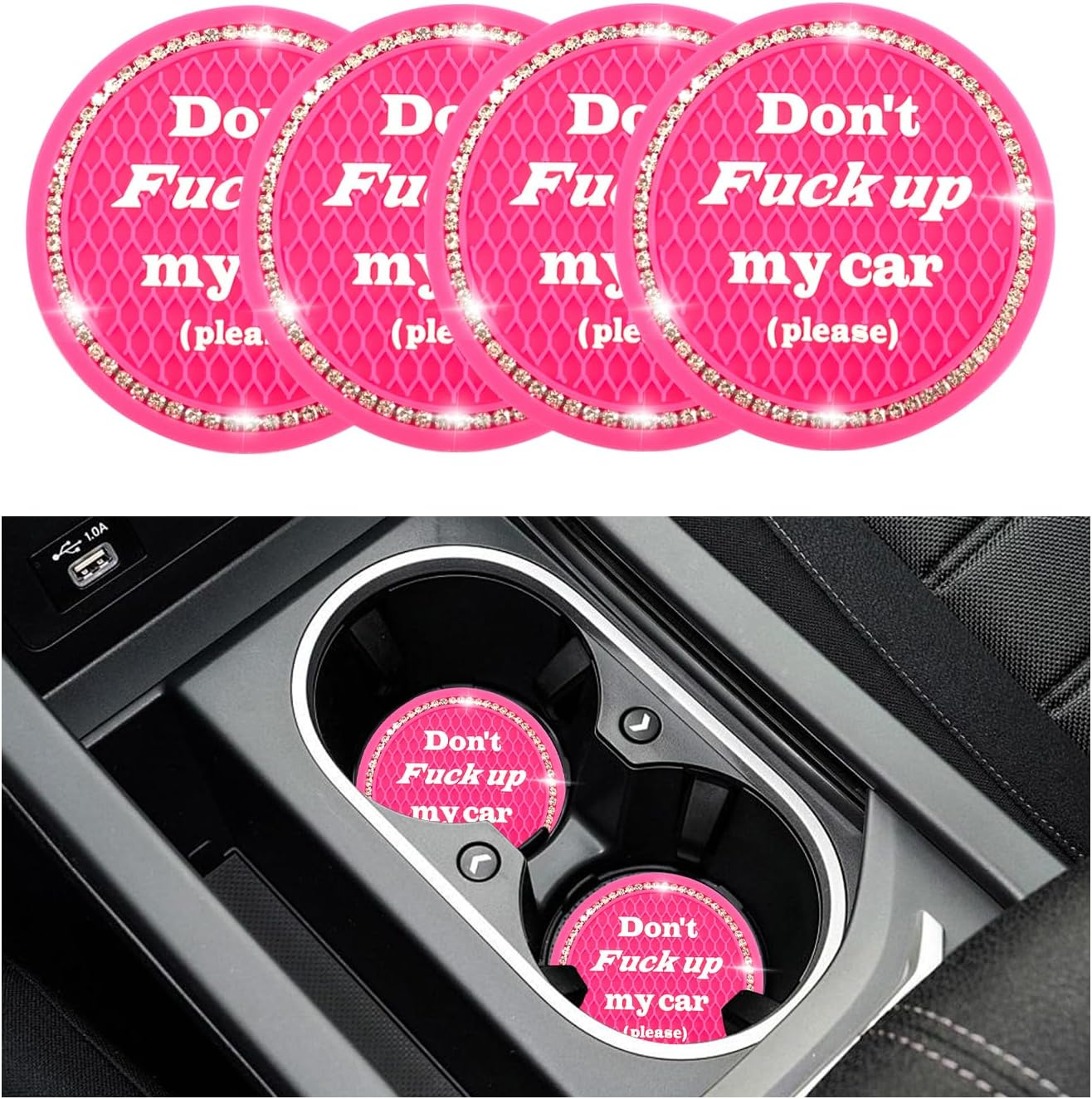 4 PCS Bling Car Cup Coaster, 2.75 Inch Anti-Slip Cup Holder Insert Coasters, Universal Crystal Rhinestone Auto Drink Car Cup Mat, Interior Car Accessories for Women Girls (Rose Red) - Black image number 7