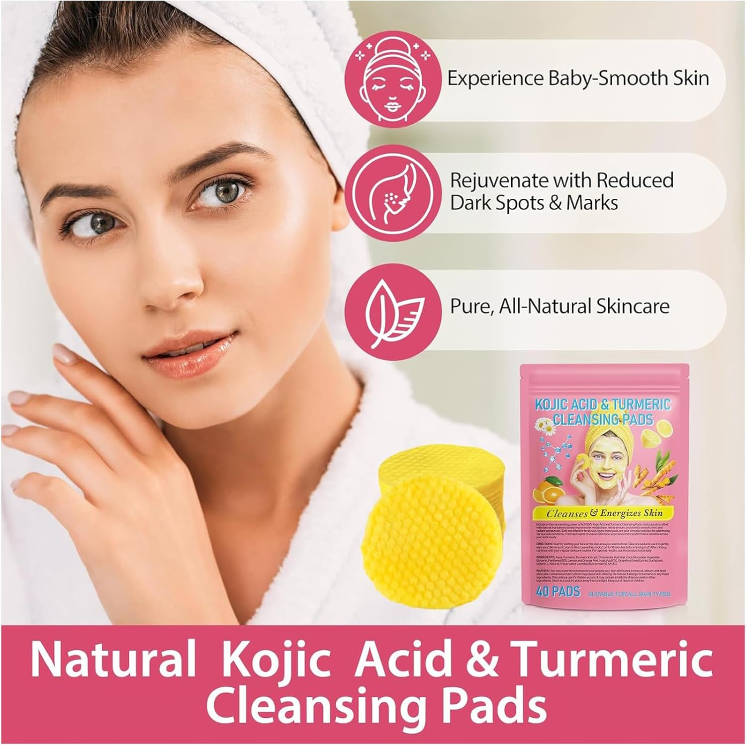 Turmeric and Kojic Acid Pads for Face,80 Pcs Kojic Acid and Turmeric Cleansing Pad for Dark Spots,Exfoliating Facial Sponges for All Skin Types image number 4