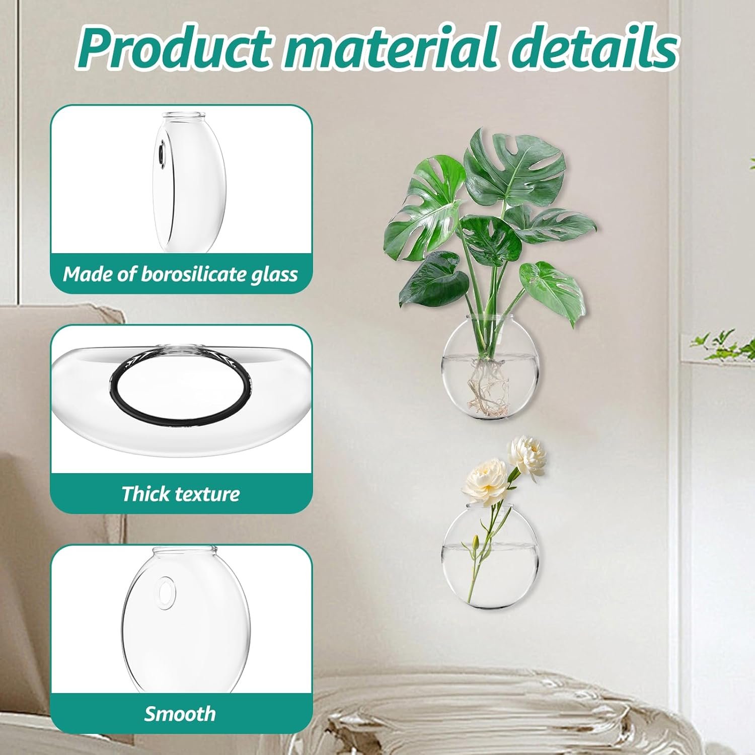 Wall Hanging Planter, Glass Wall Vase with Nail Hook, Clear Wall Mounted Planter Propagation Station for Flowers Hydroponics Plant Home Office Decor (2Pack) - 4Pack image number 3