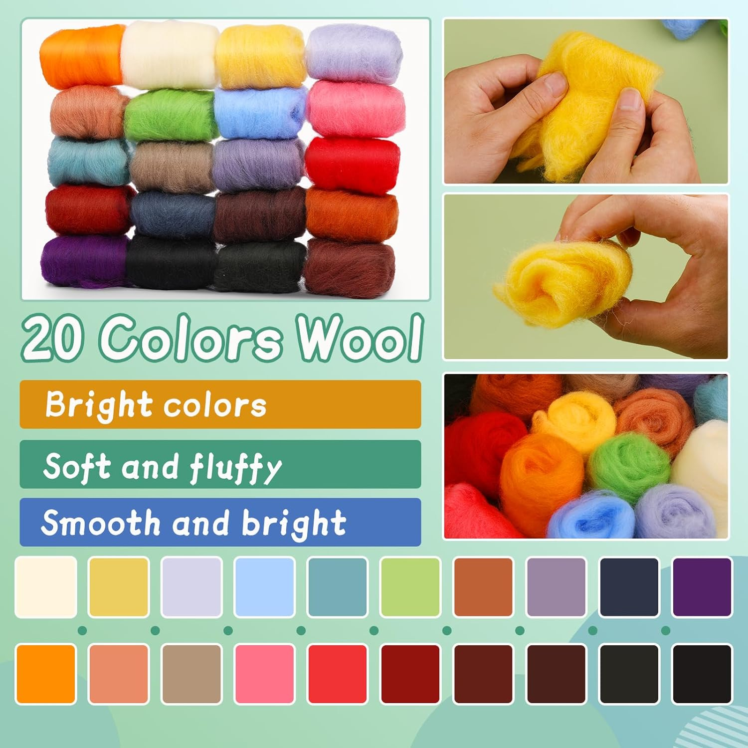 Mayboos Needle Felting Kit, Wool Roving 20 Colors Set, Wool Felting Kit Felt Molds with Portable Storage Box for DIY Craft Home Decoration Gift (Green Bag) image number 5