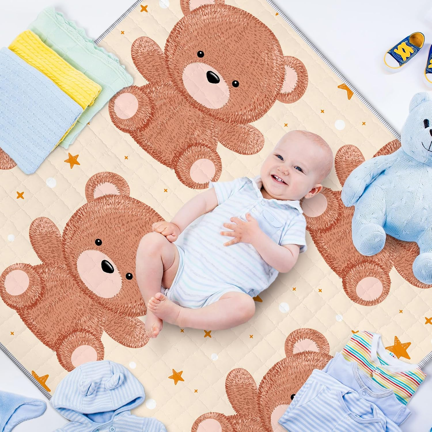 Funtery 43 X 43 Inch Boho Baby Play Mat Portable Crawling Washable Foldable Tummy Time Non Slip Baby Floor Large Playpen Mat for Infants Toddlers Floor Playpen Activity(Bear) - Mallard Duck image number 6