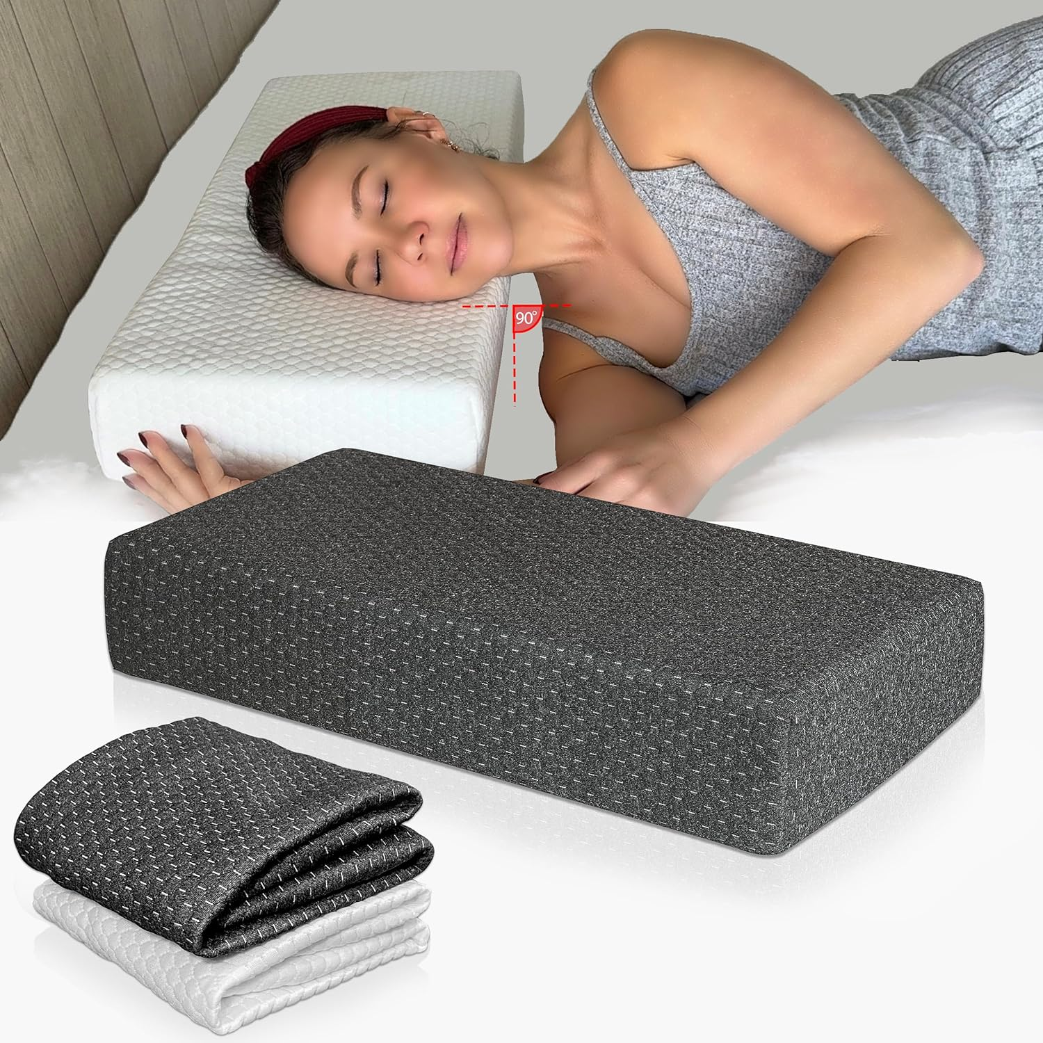 24X12X5 Pillow Cube for Side Sleepers with 2 Pillow Cases(White & Gray) Memory Foam&ndash; Extra Thick, Medium Firm Design Ideal for Neck,Shoulder Pain Relief & Cervical Support &ndash; Made of Odorless Fabric image number 2