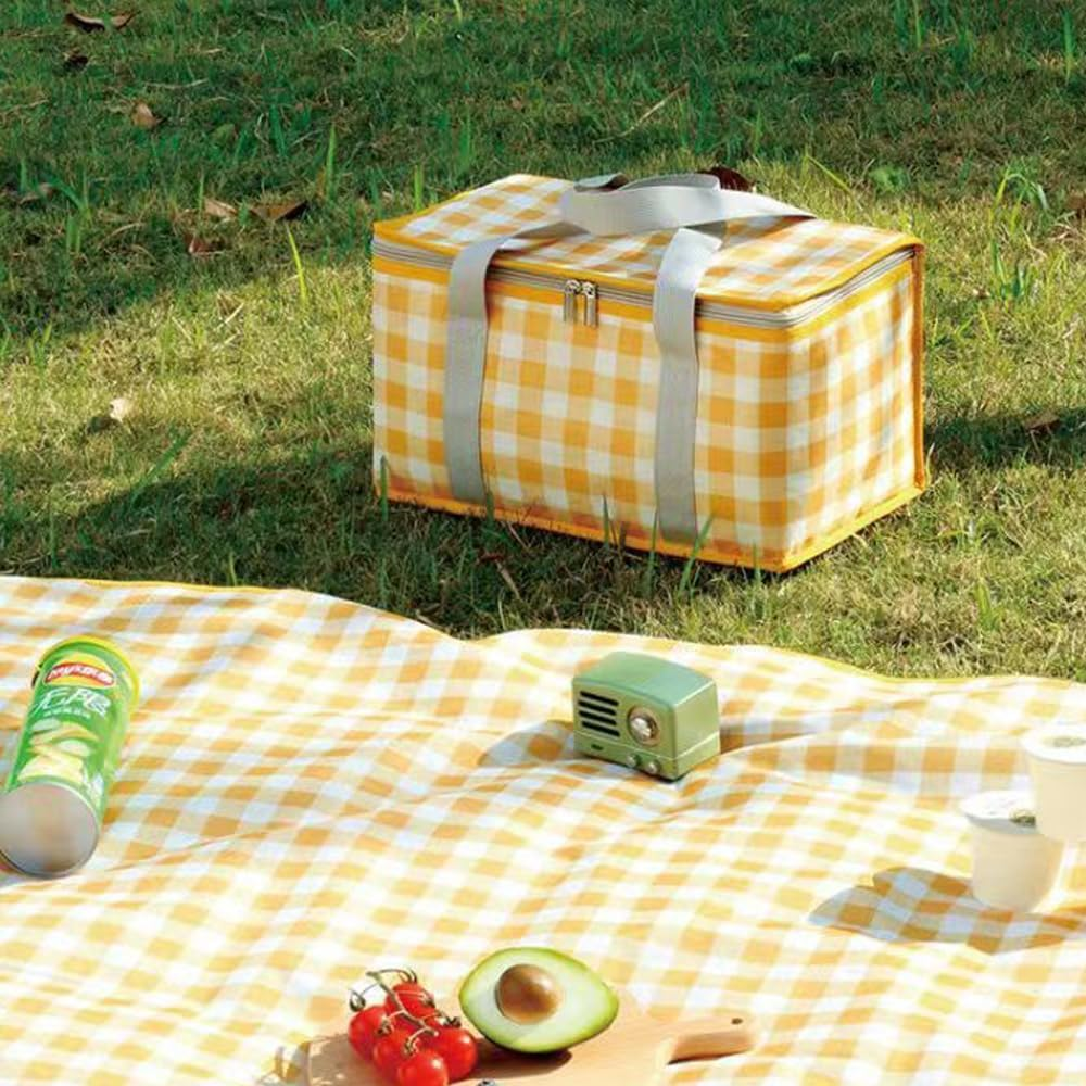 Hbluefat Picnic Blankets Set, Picnic Blankets Mat for 2-4 Adults and Bag Waterproof Quick Drying Outdoor Picnic Mat for Travel Camping Hiking Festival Park Lawn (Yellow Plaids) image number 3
