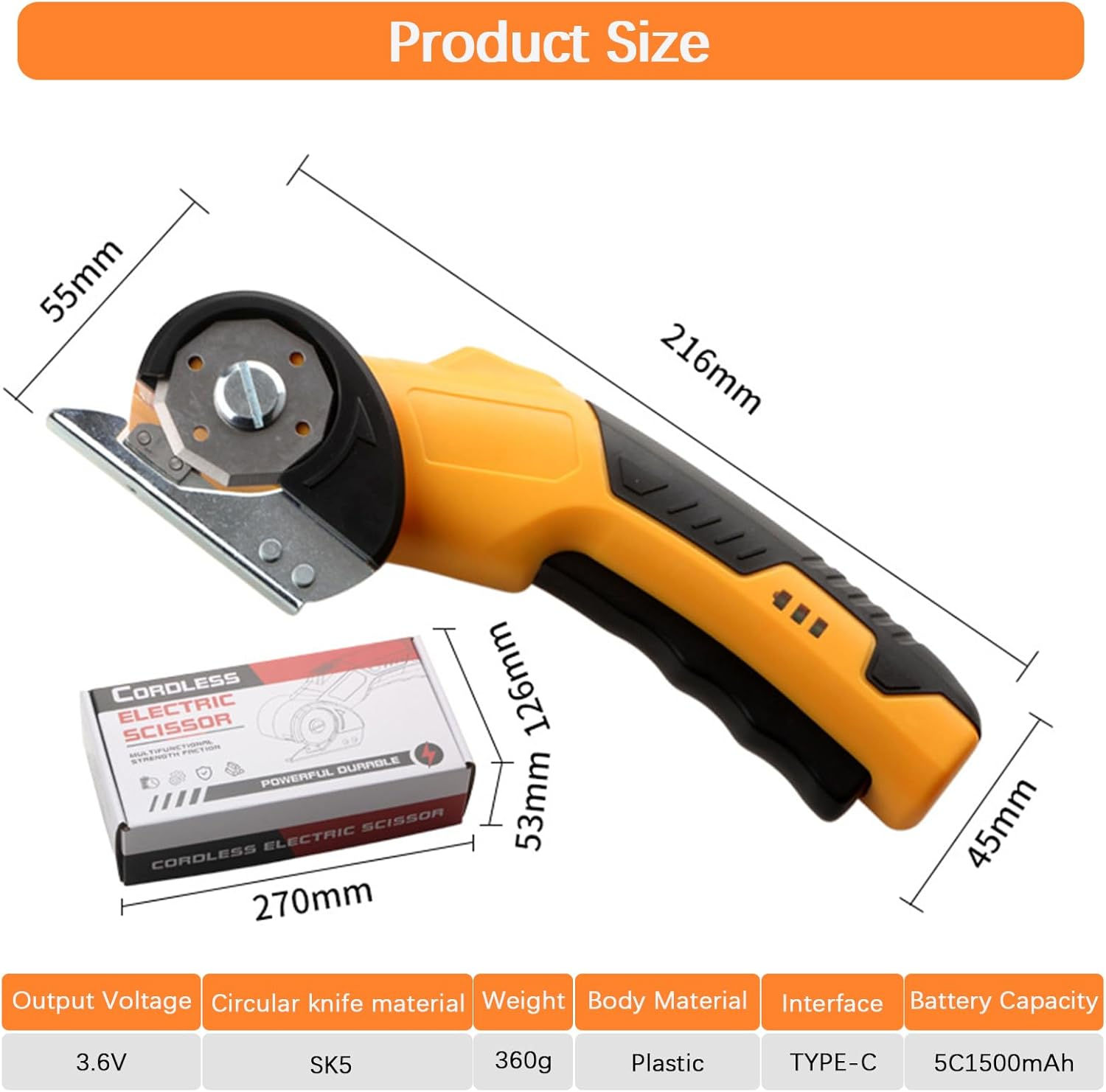 Migazelle Electric Scissors, Cordless Rotary Box Cutter for Cardboard, Fabric, Leather, Plastic & Carpet, USB Rechargeable, Safety Lock, LED Light, Ergonomic Design for Easy Cutting (Yellow) image number 3