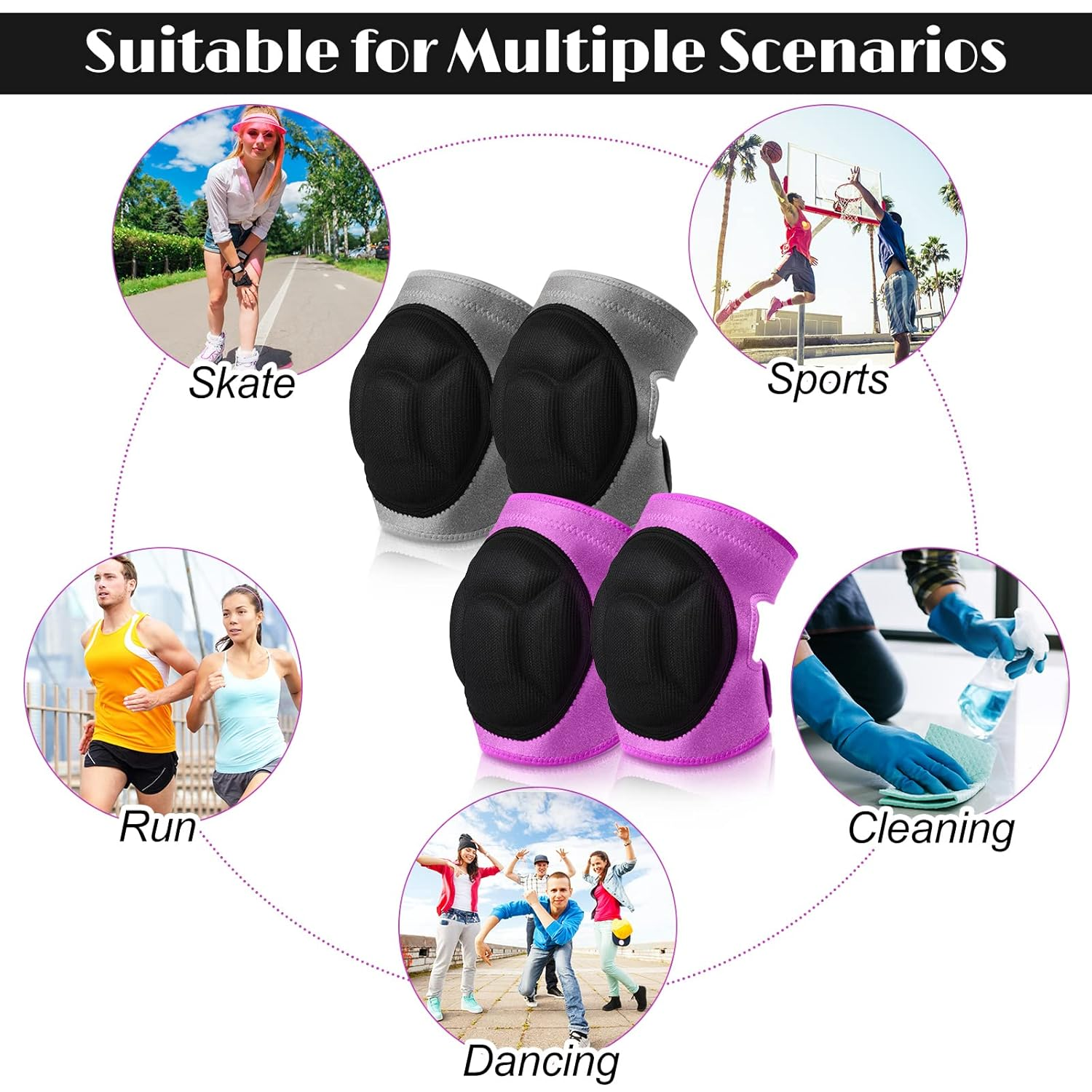 2 Pairs Knee Pads for Gardening Cleaning Knee Pads Knee Pads for Men Construction Work Kneepads with Thick Foam, anti Slip Collision Avoidance Kneepads for Garden Construction Flooring (Gray, Pink)