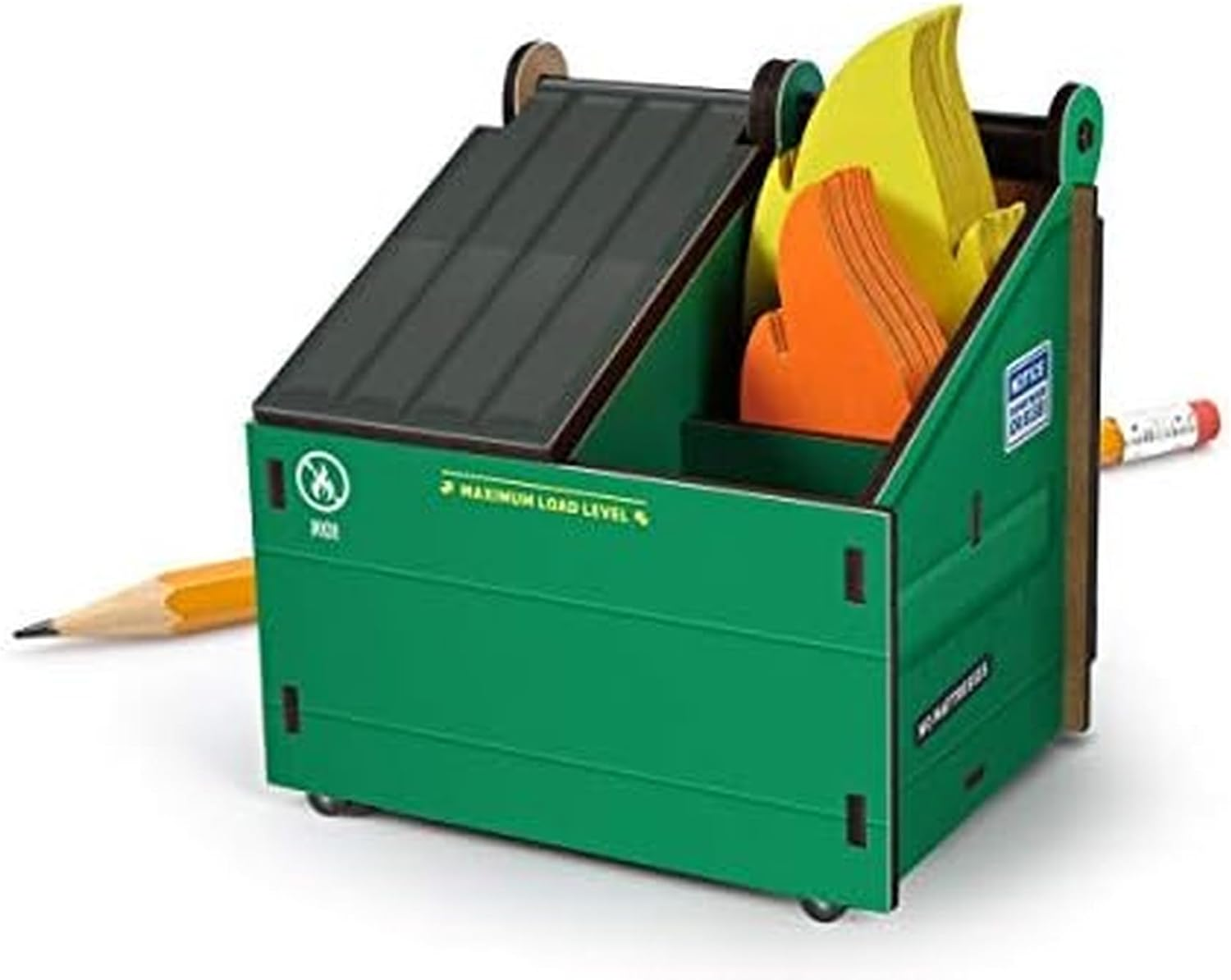 Genuine Fred Desk Dumpster Pencil Holder with Flame Note Cards, 3 Compartment Organizer for Pens, Pencils, and Office Supplies, Fun Desk Accessory image number 1