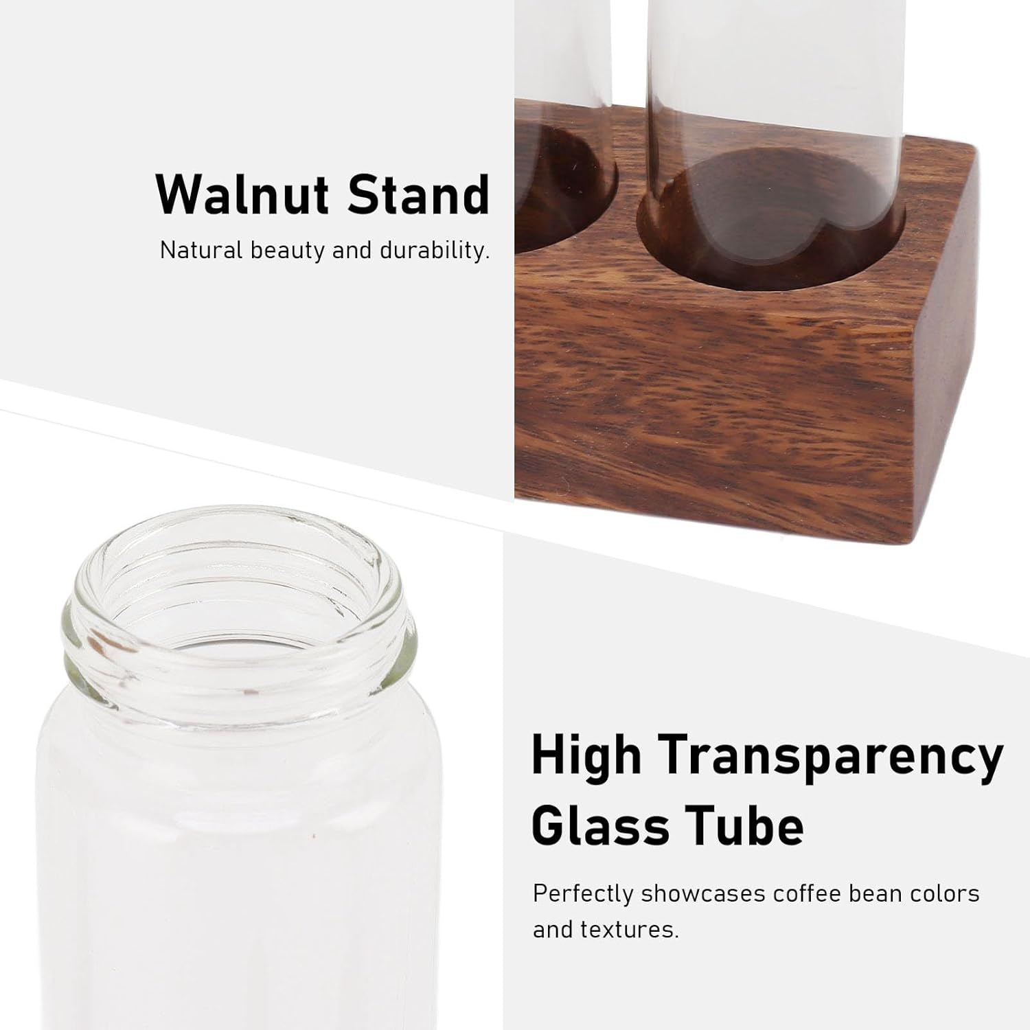 Coffee Bean Cellars, Glass Single Dose Coffee Beans Storage Tubes with Walnut Wood Stand Lid & Funnel, Glass Cellars Single Dose Coffee Bean Container for Cafe Kitchen (6 Tube) image number 6