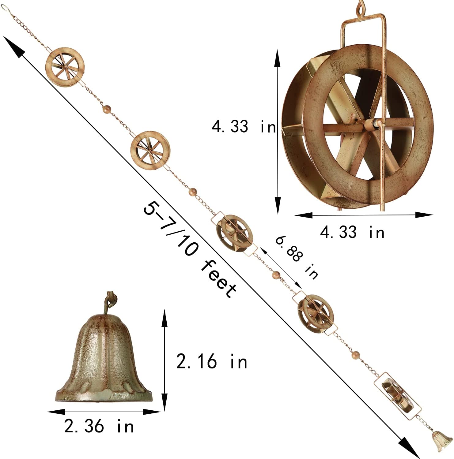 5-7/10-Feet Gutter Rain Chain,Water Wheel Rain Catcher Chain Outdoor Garden Decorative Art