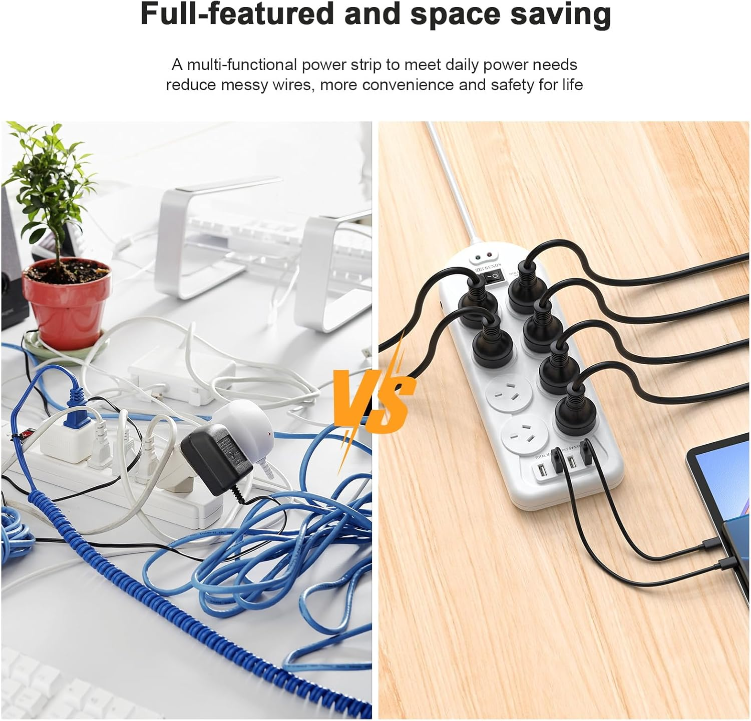 Power Board Surge Protected, Power Strip with 8 AC Outlets and 4 USB Charging Ports, USB Power Board with 1.5M Extension Cord, Wall Mount for Home Office - Black image number 5