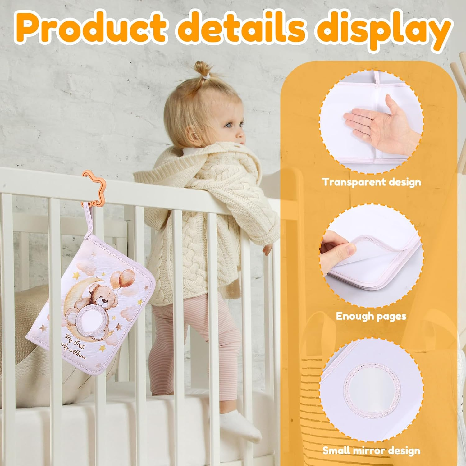 Soft Cloth Baby Photo Album Safe Baby Memory Album Book with Mirror Cute Toddler Family Memory Picture Book Holds 17 Pictures for Kids Newborn Toddlers (Khaki) - Yellow image number 7